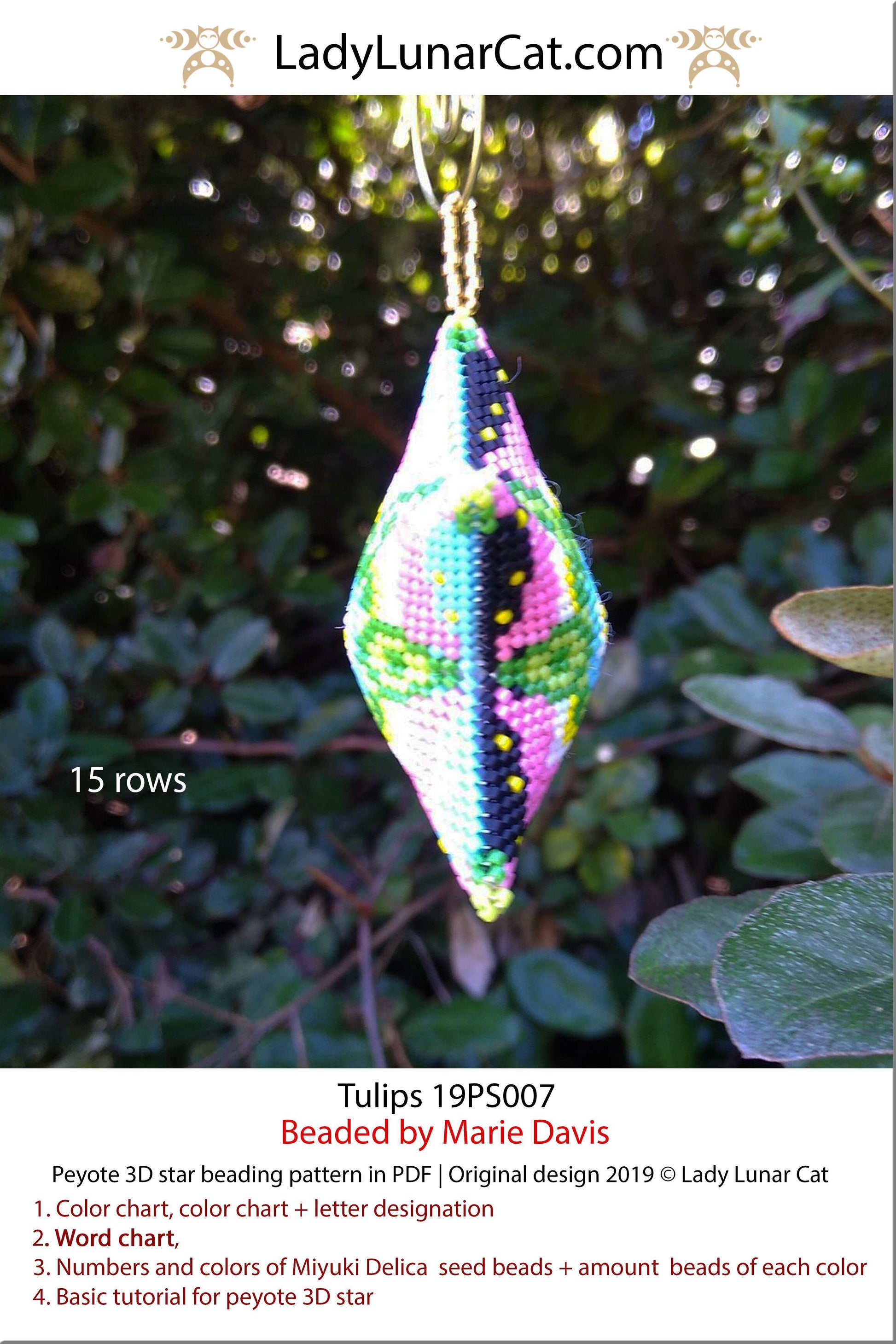 Beaded star pattern - Tulips 19PS007 | Seed beads tutorial for 3D peyote star LadyLunarCat