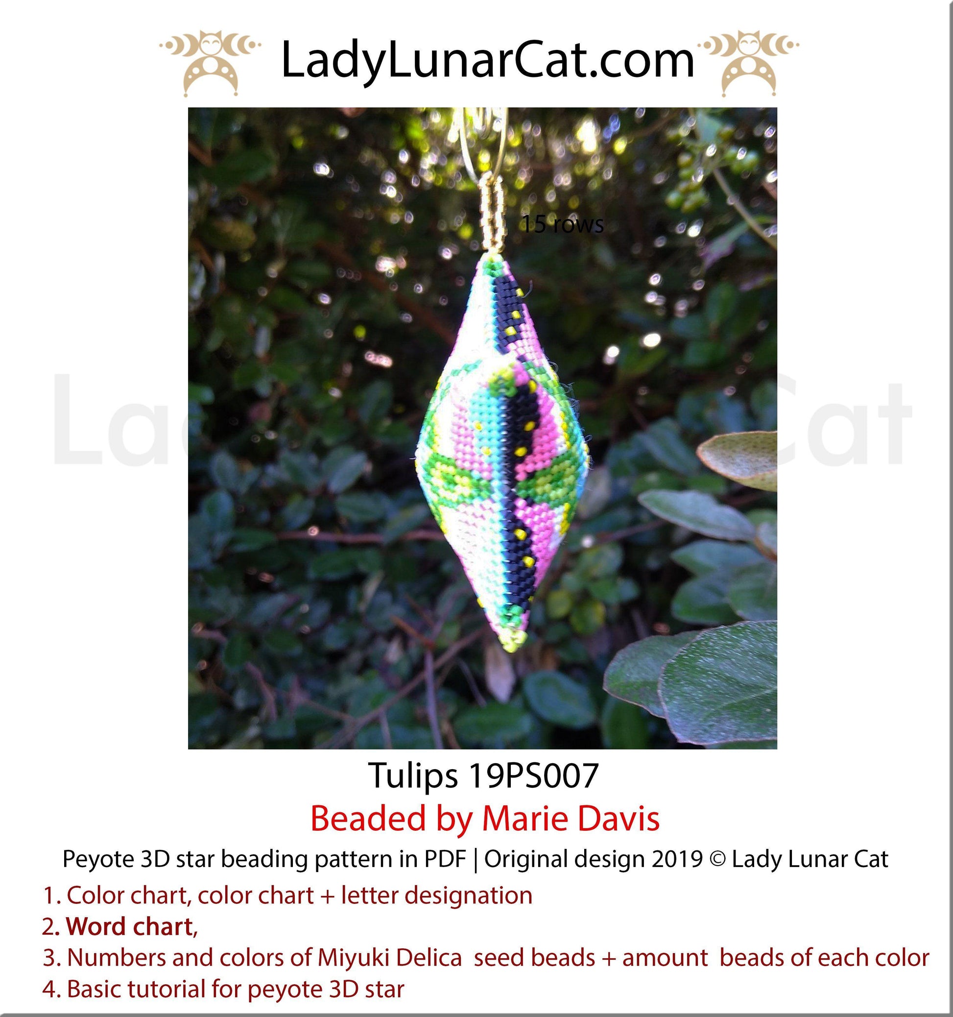 Beaded star pattern - Tulips 19PS007 | Seed beads tutorial for 3D peyote star LadyLunarCat