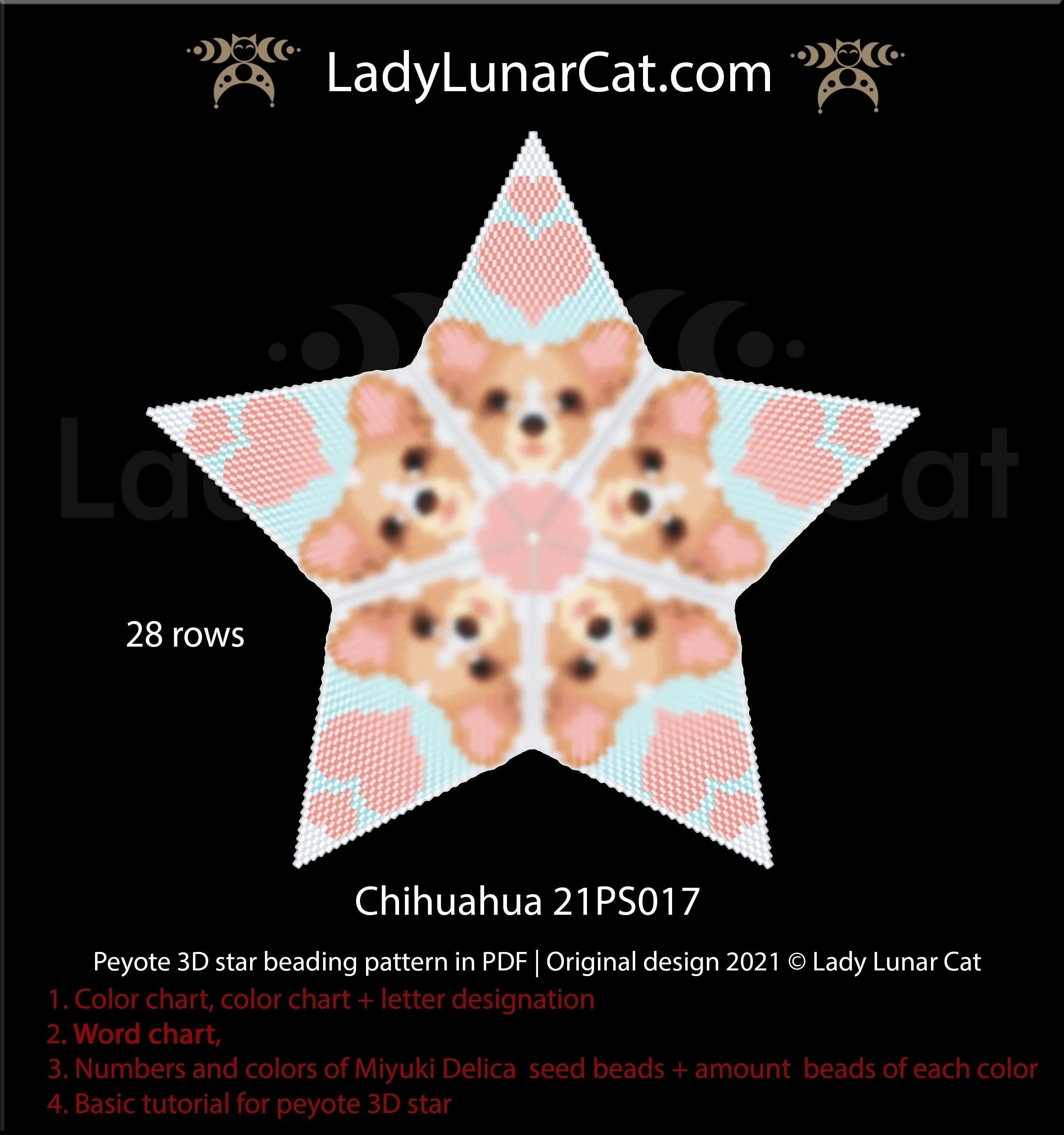 Chihuahua 3D peyote star — 11 colors, 55-bead radius, 28 rows, Miyuki Delica 11/0