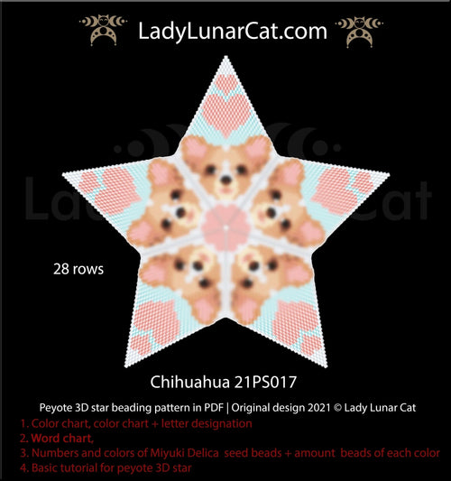 Chihuahua 3D peyote star — 11 colors, 55-bead radius, 28 rows, Miyuki Delica 11/0