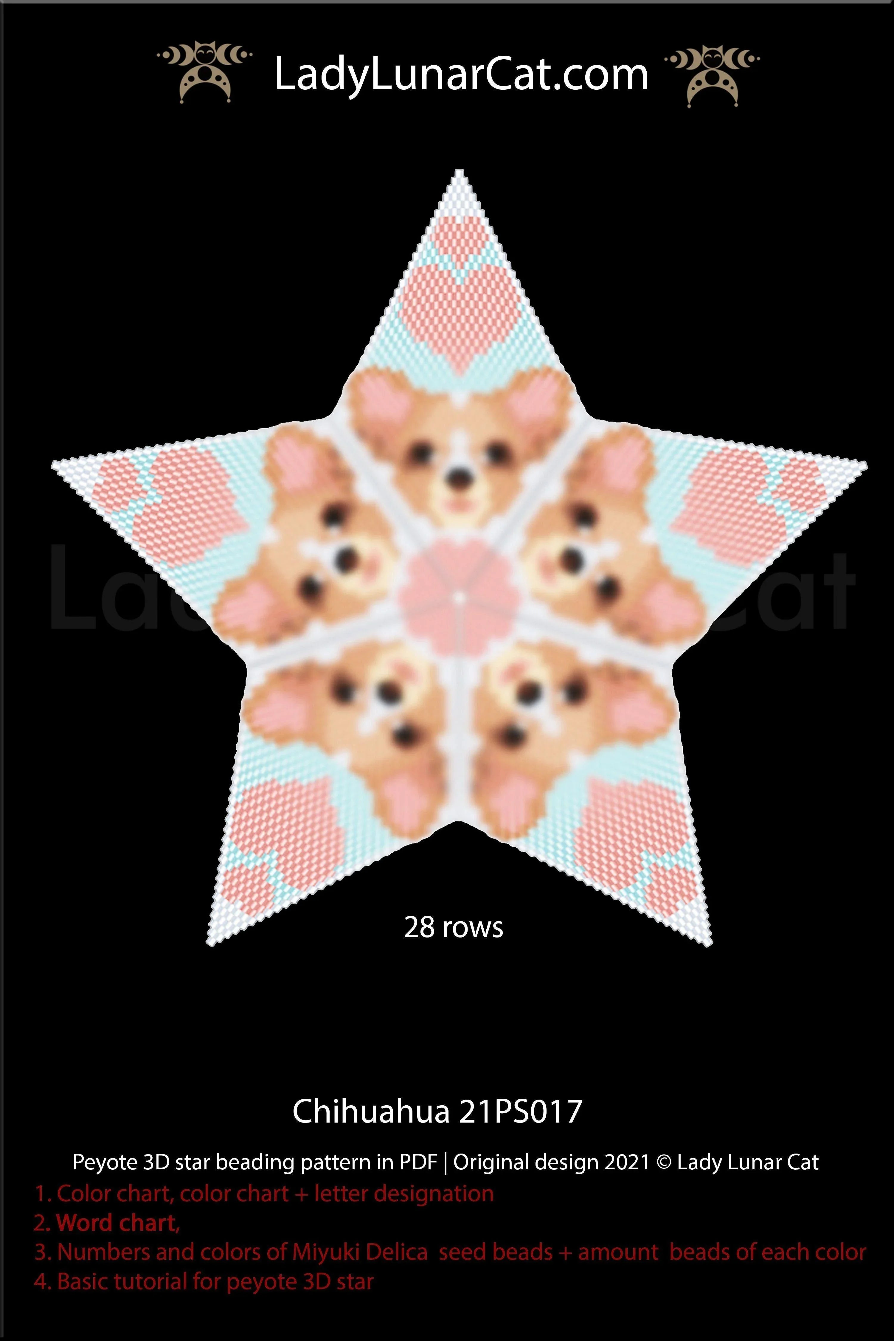Large peyote star Chihuahua — 28 corner rows, word chart included, instant download