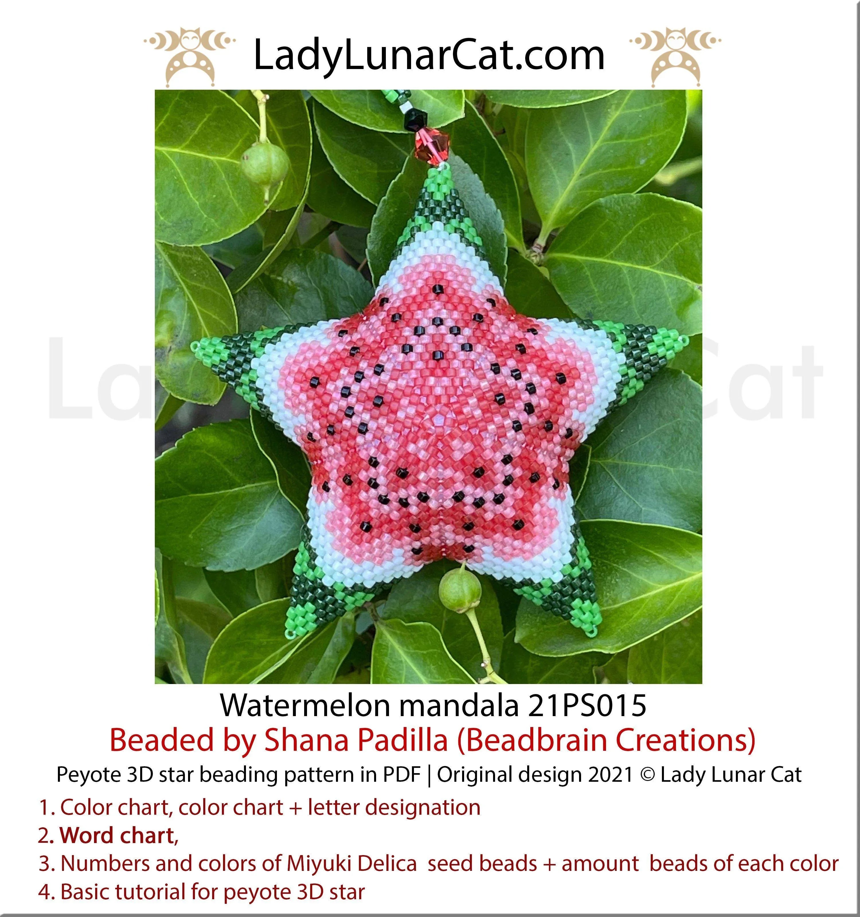 Watermelon mandala peyote star beading pattern preview — 7 colors, graph paper included