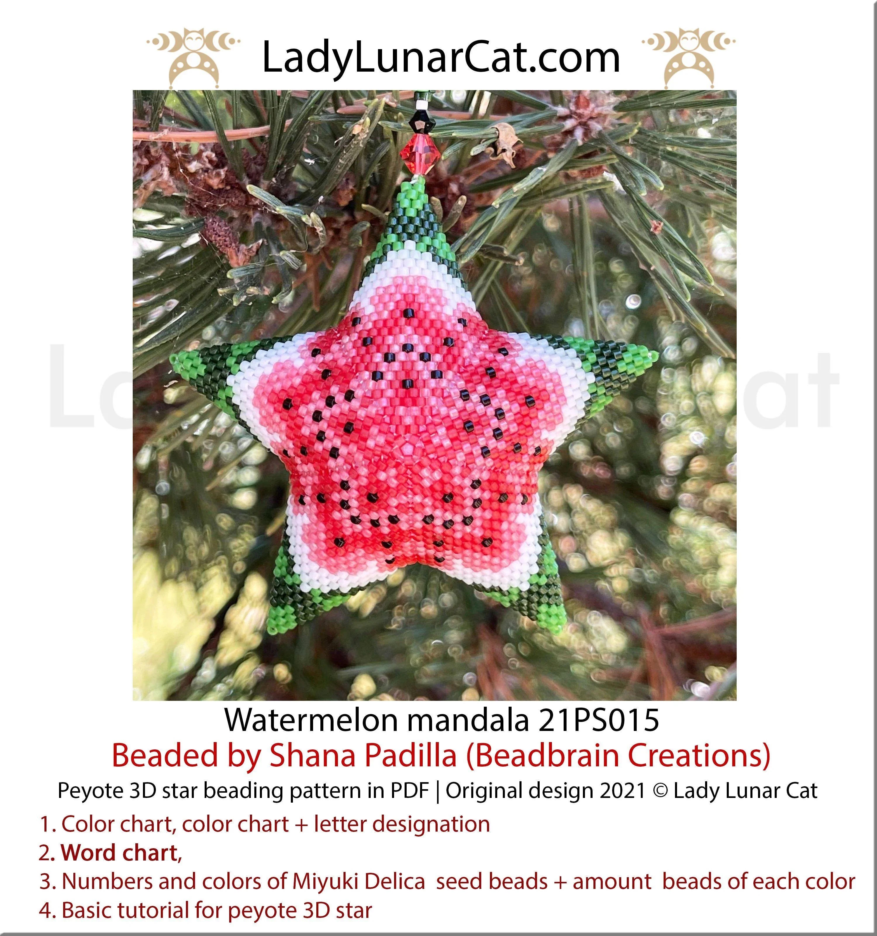 Beaded watermelon mandala star pendant — peyote stitch tutorial PDF for all levels