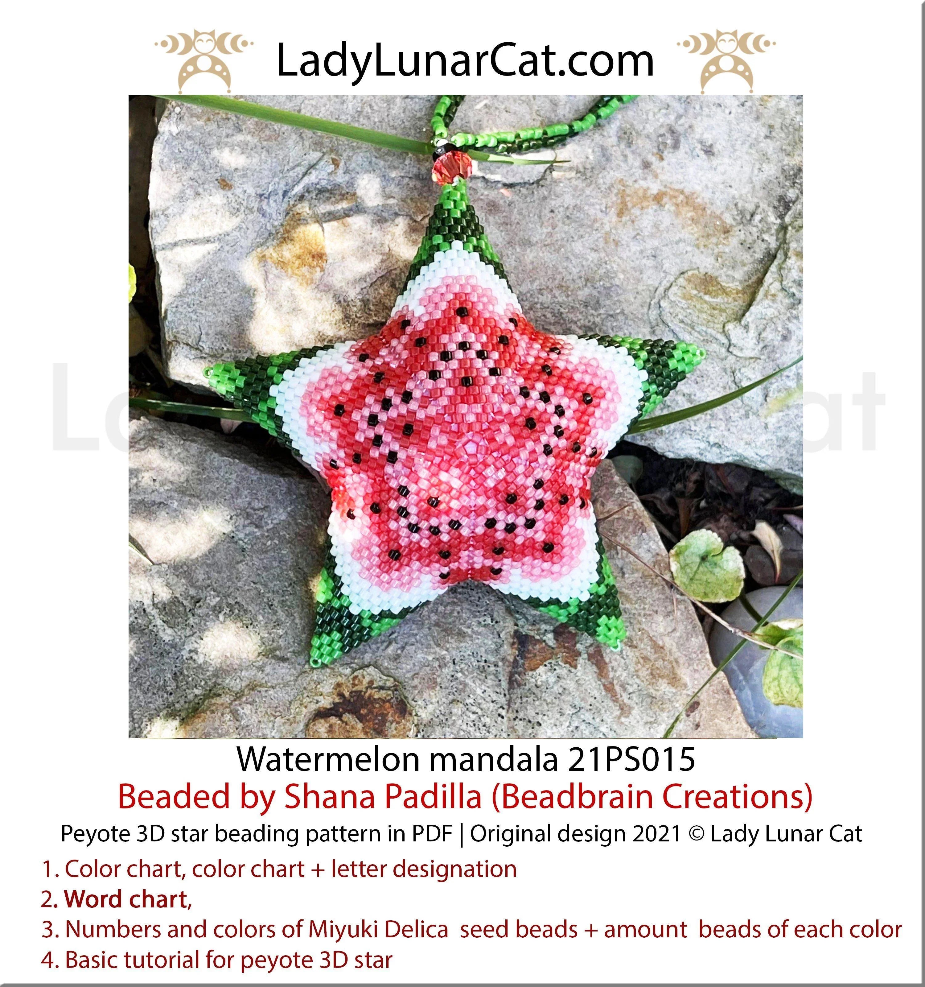 3D peyote star watermelon mandala — 16 corner rows, vibrant summer, instant download