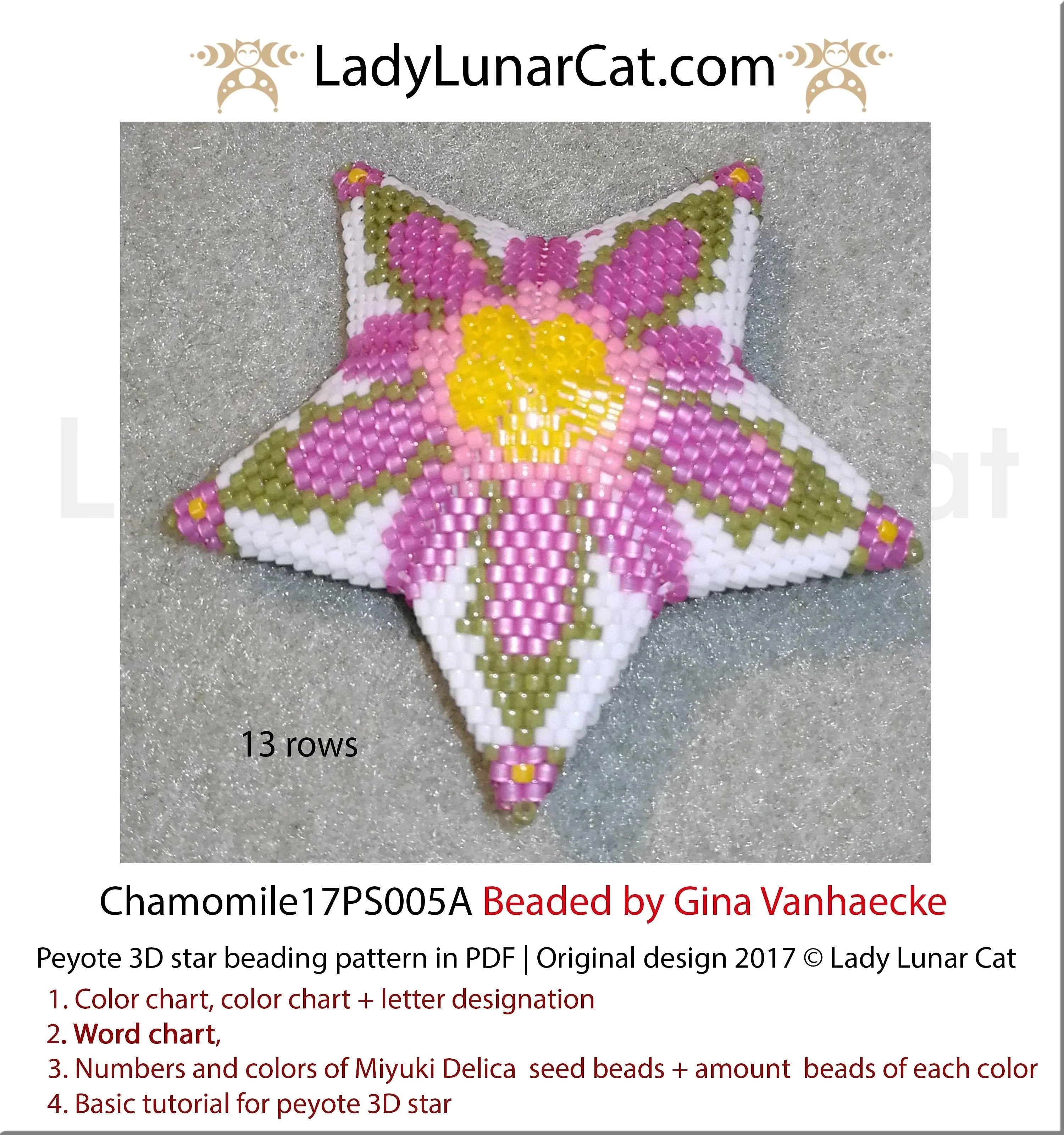Chamomile peyote star 17PS005A - 25 beads 13 rows 5 colors tiny daisy pendant PDF LadyLunarCat