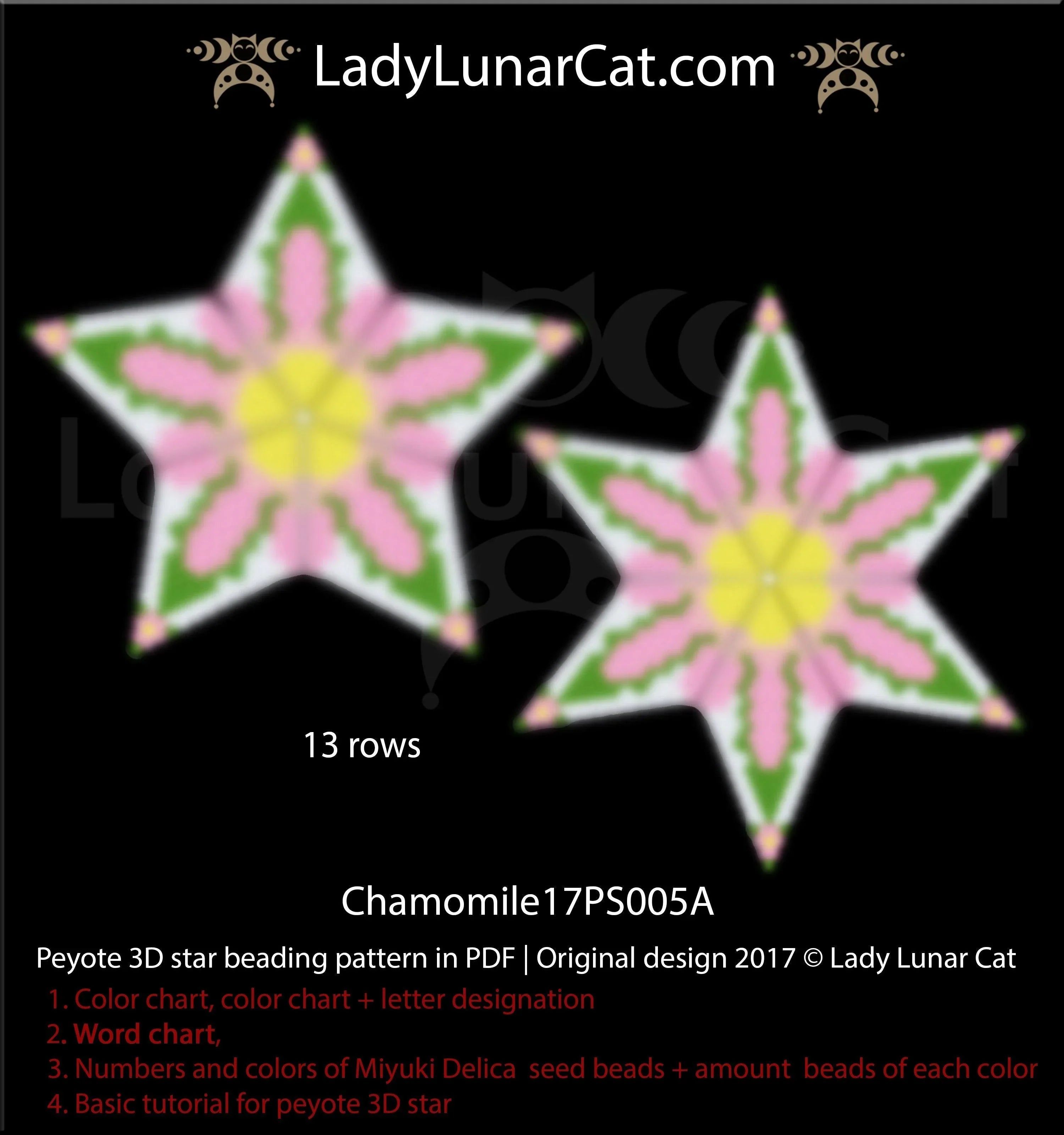 Chamomile peyote star beaded by Gina Vanhaecke - finished pendant example LadyLunarCat