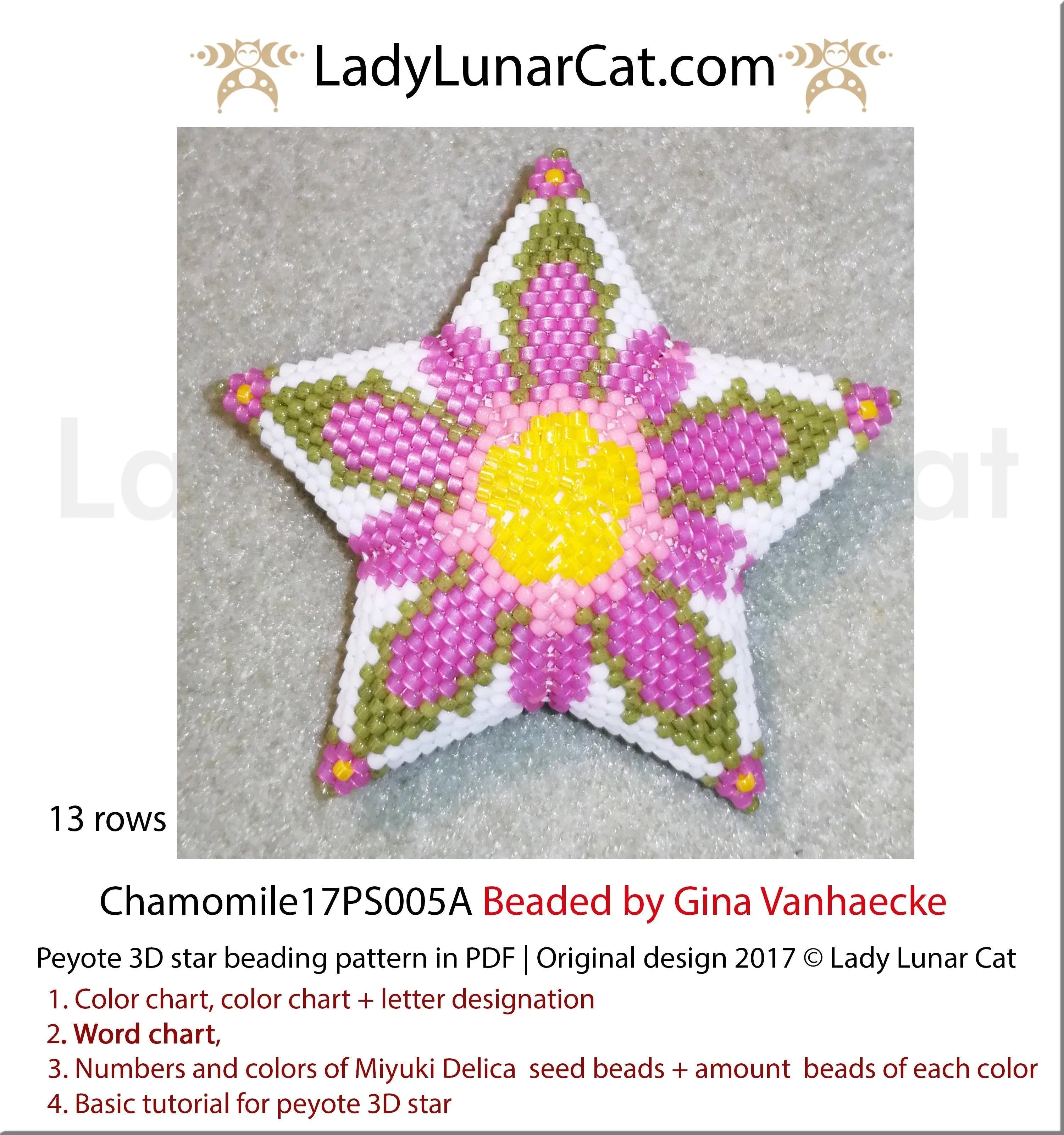 Chamomile beaded star full view - white daisy golden centre small Miyuki Delica LadyLunarCat