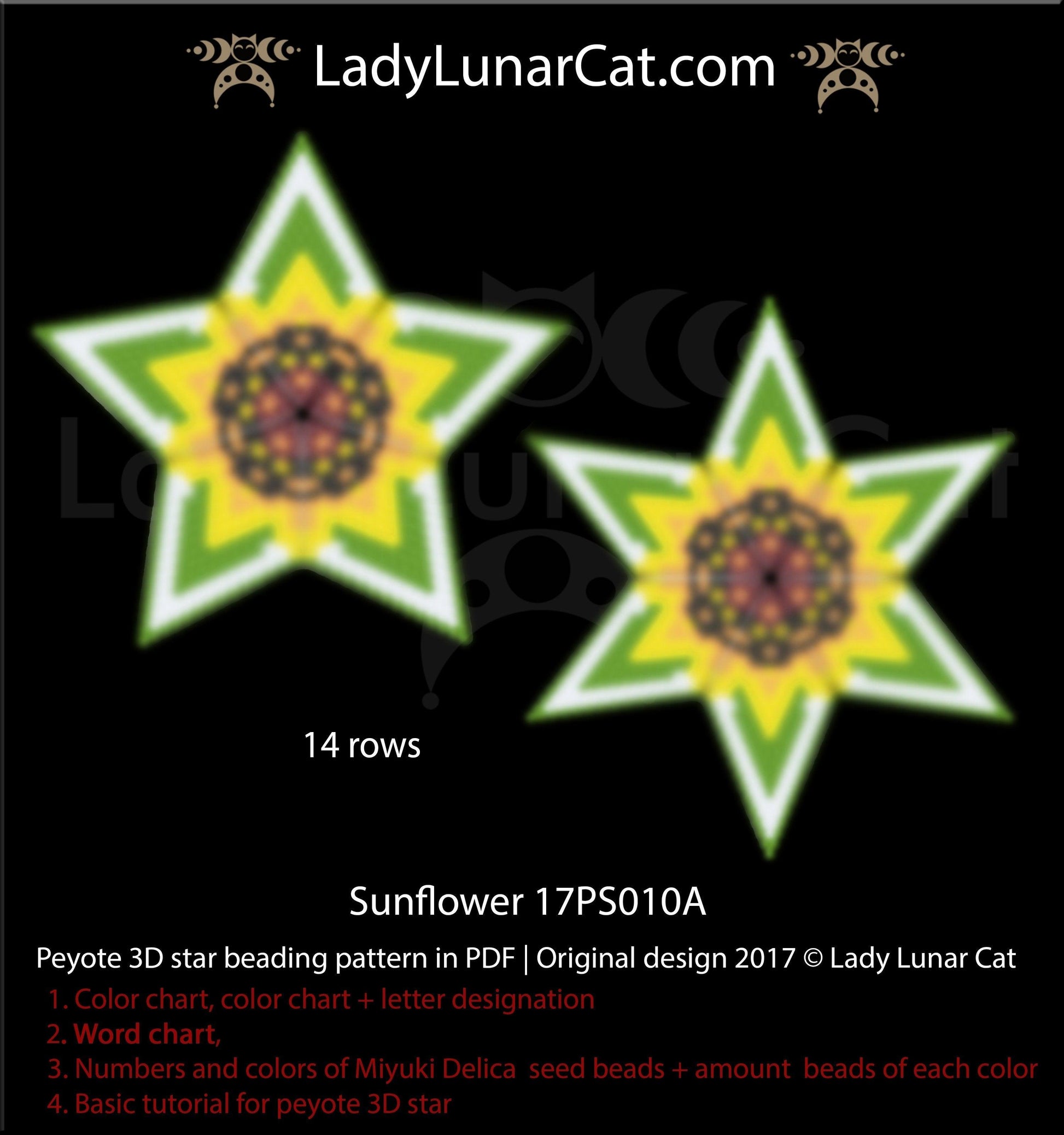 Beaded star pattern for beadweaving  Sunflower 17PS010A LadyLunarCat