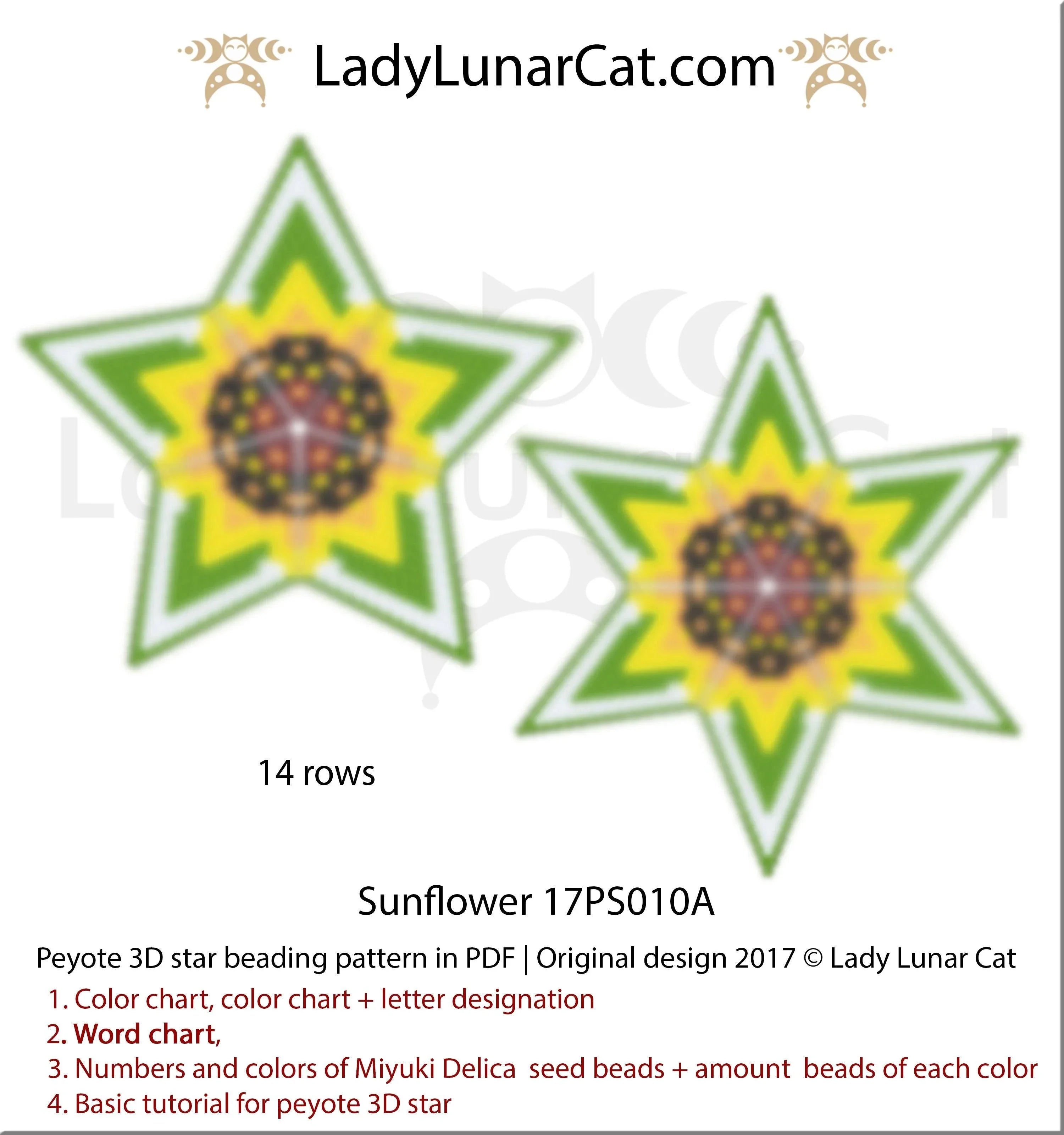 Sunflower peyote star beaded by Lindsay Latham - finished example LadyLunarCat