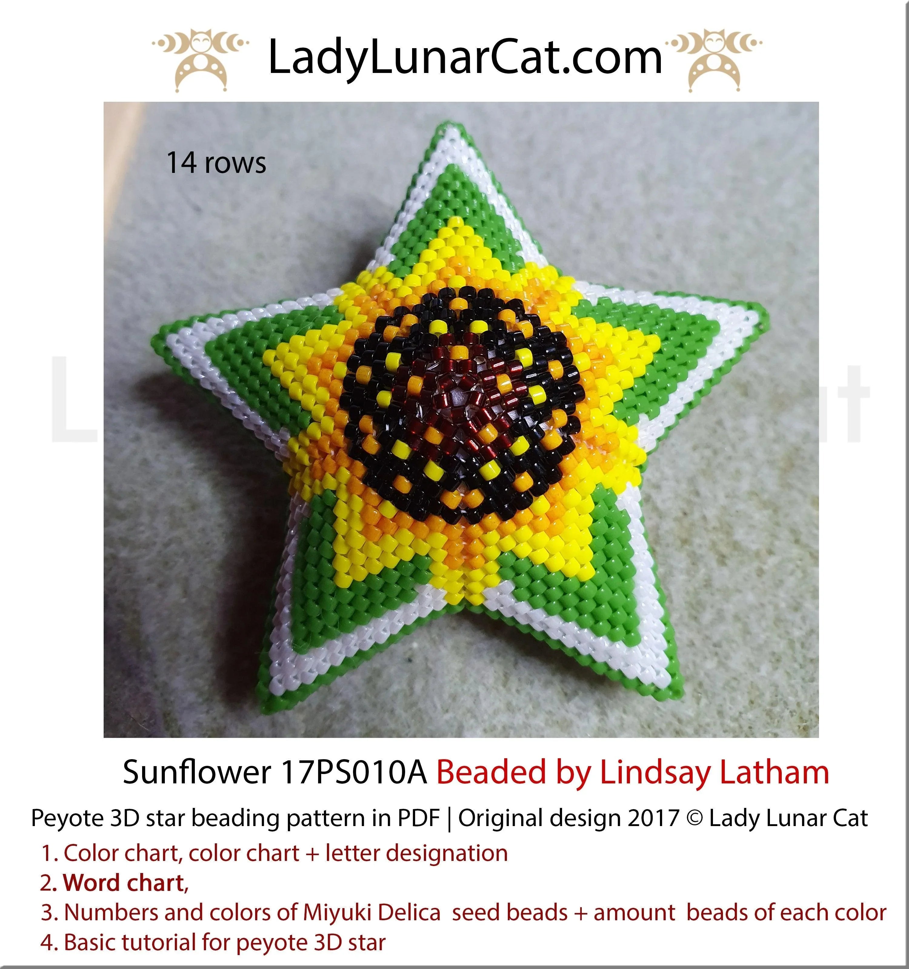 Sunflower peyote star - 27 beads 14 rows 6 colors small summer floral PDF LadyLunarCat