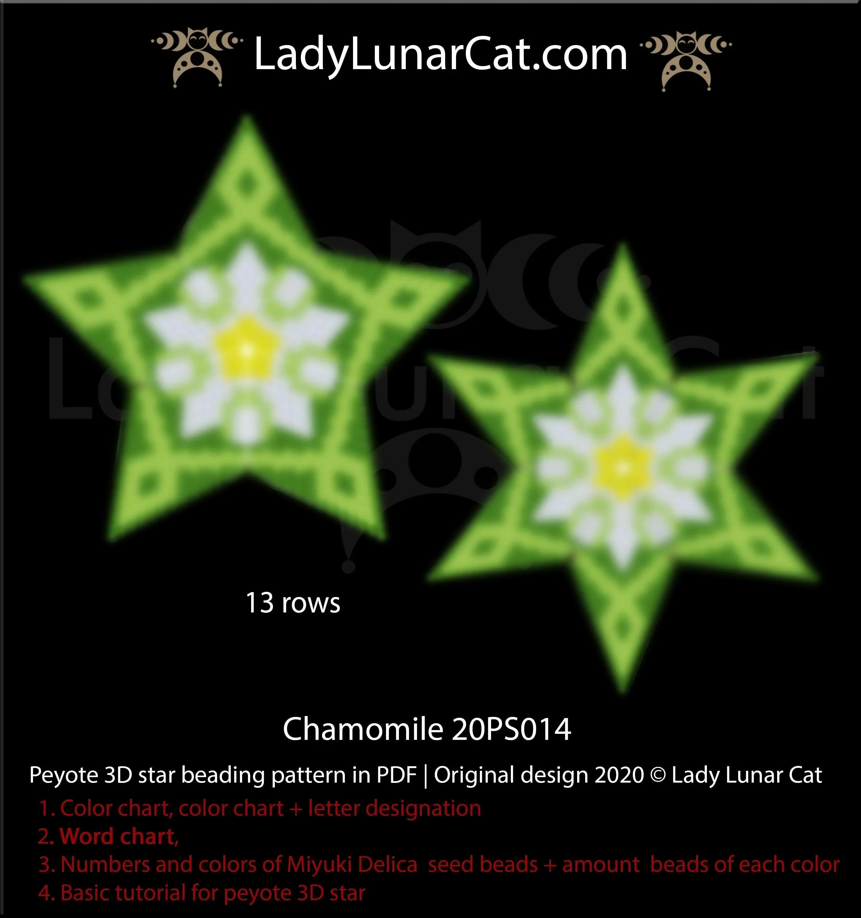 Chamomile peyote star beaded by Wakita Sayuri - finished pendant example LadyLunarCat