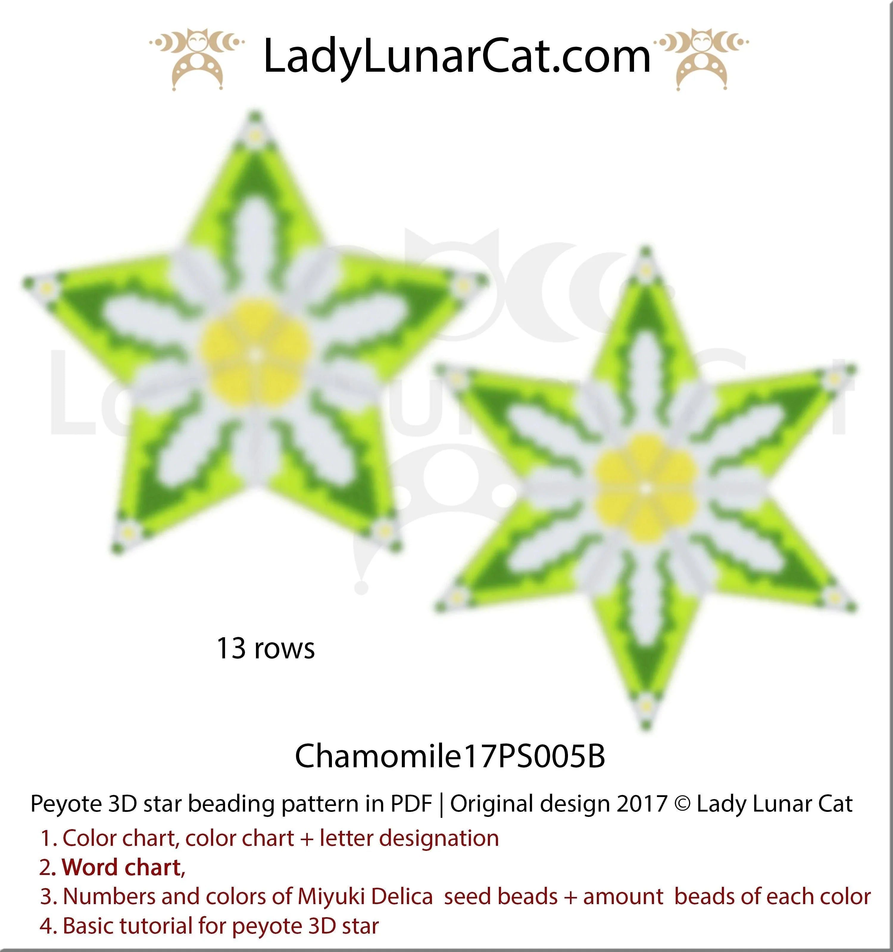 Chamomile peyote star 17PS005B - 25 beads 13 rows 4 colors cozy evening daisy PDF LadyLunarCat