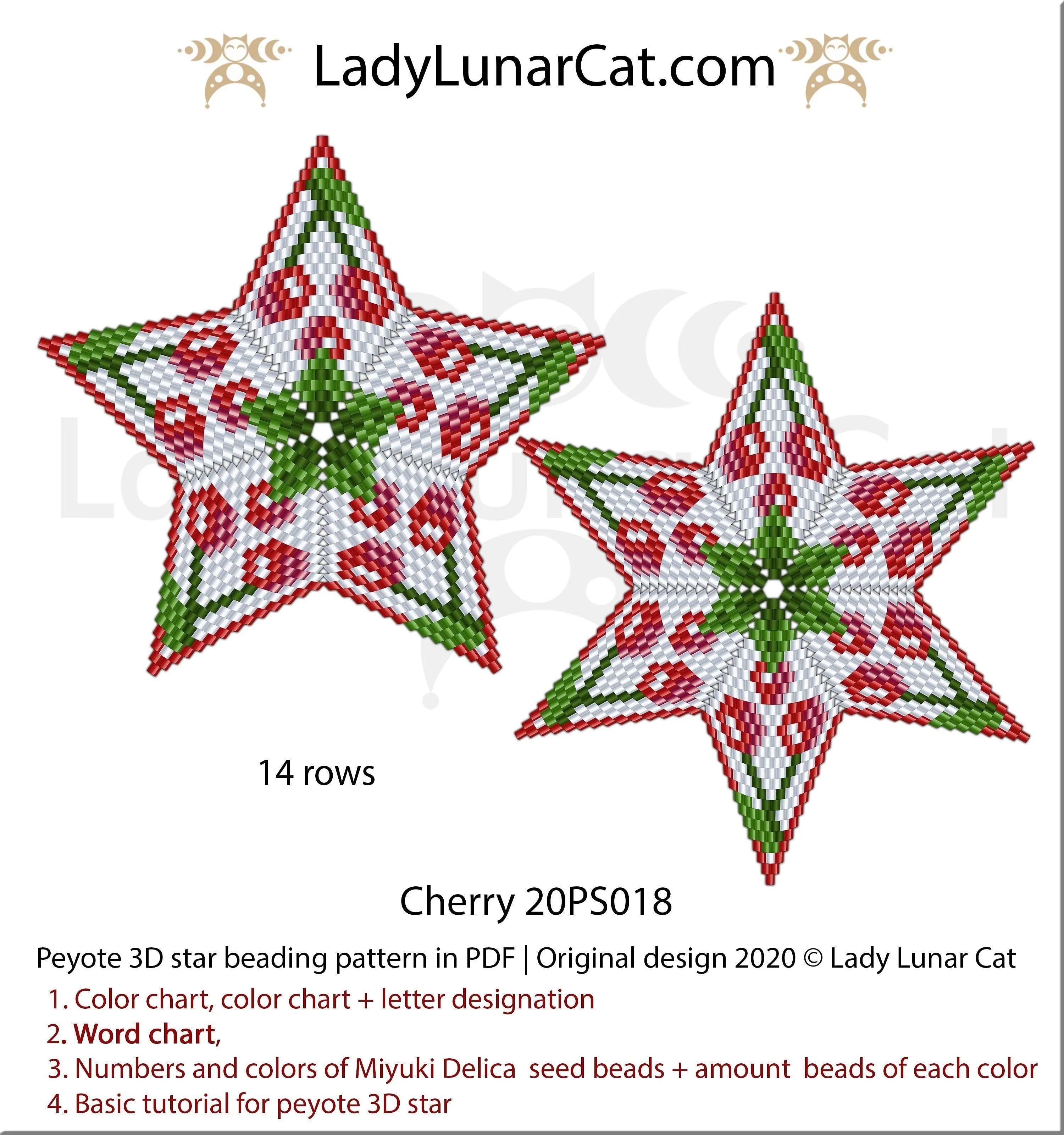 Cherry berry peyote star beading pattern — 5 colors, 27-bead radius, Miyuki Delica 11/0