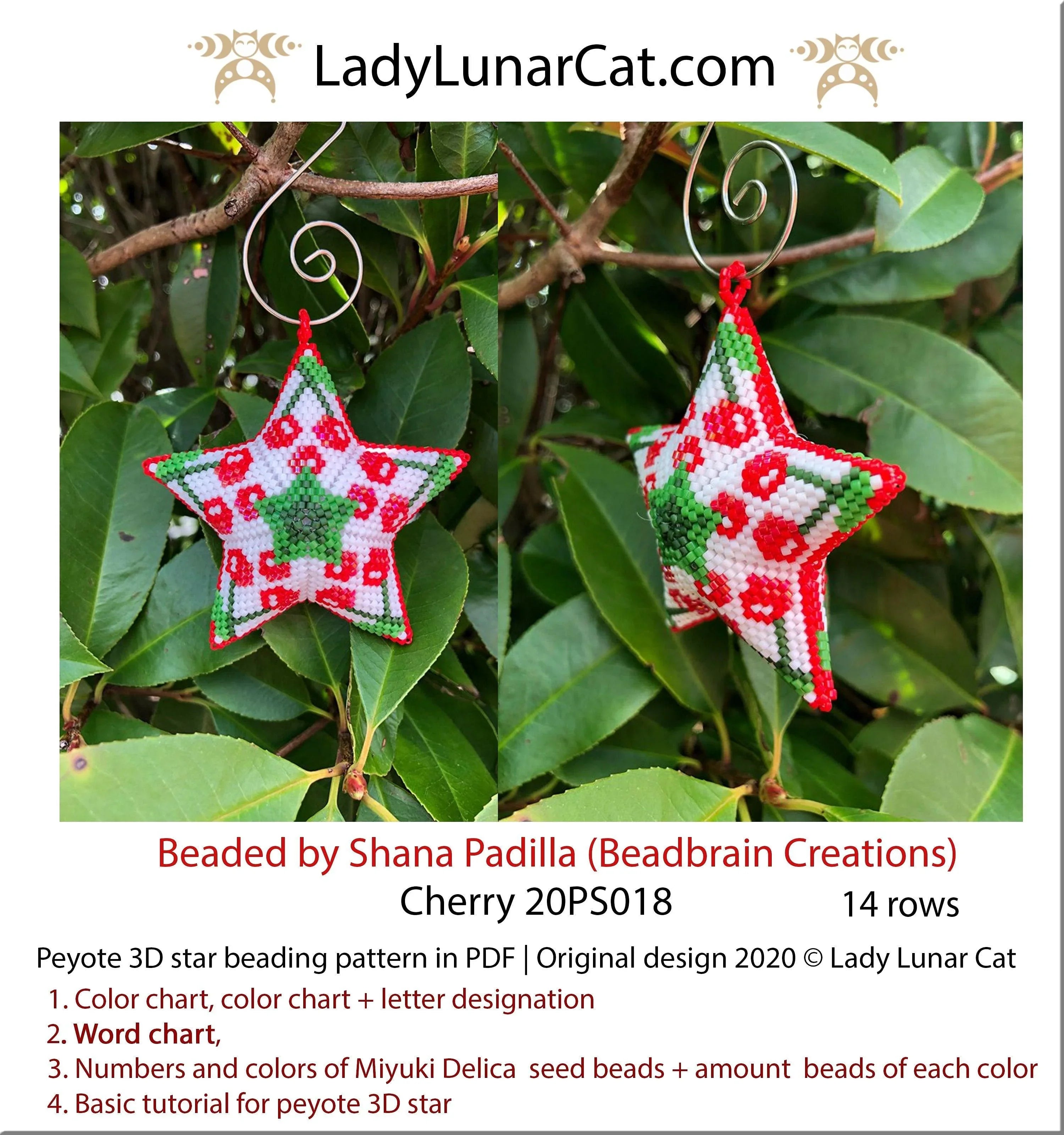 Cherry berry peyote star pattern PDF by Lady Lunar Cat — small floral 20PS018