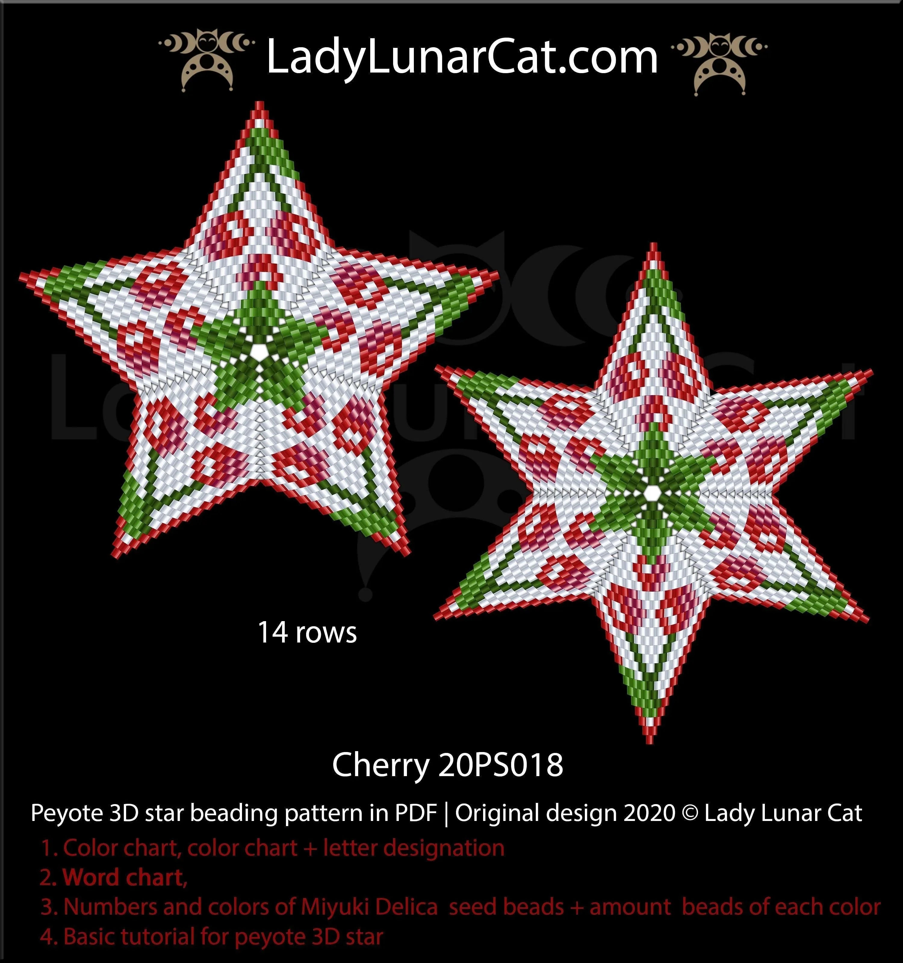 Small 3D peyote star cherry — 14 corner rows, summer floral, instant download