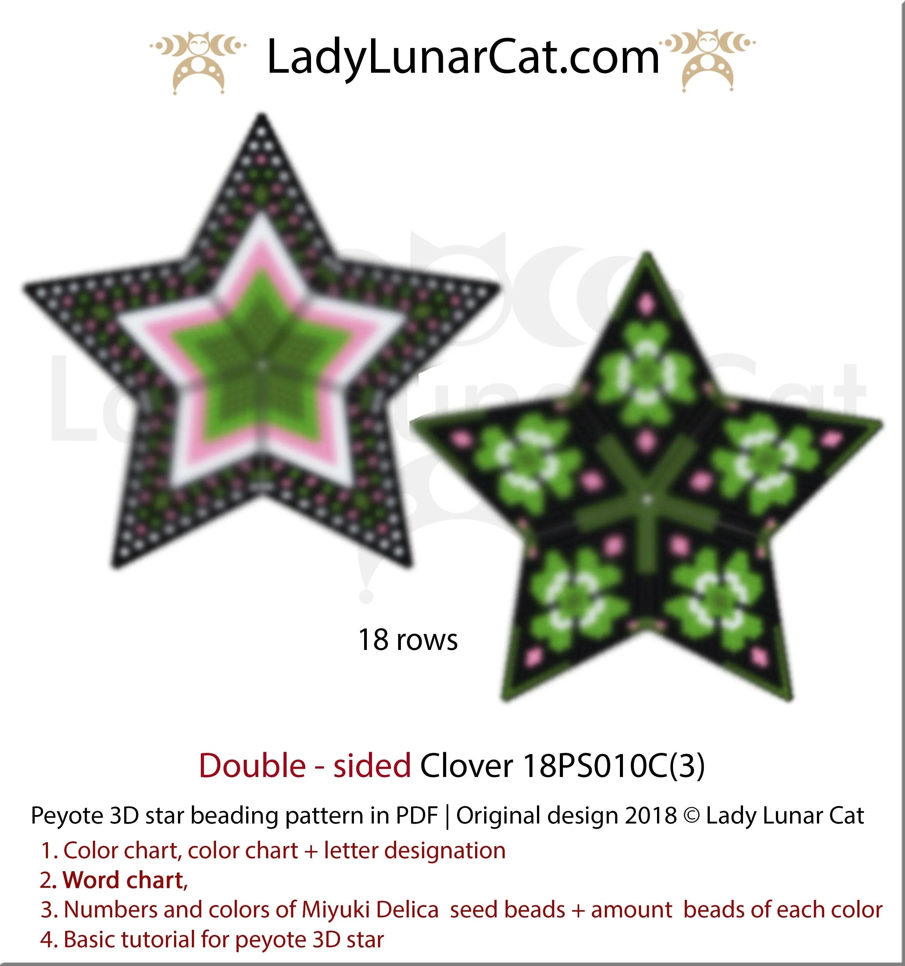Clover peyote star pattern by Lady Lunar Cat — St. Patrick's Day shamrock beading PDF 18PS010