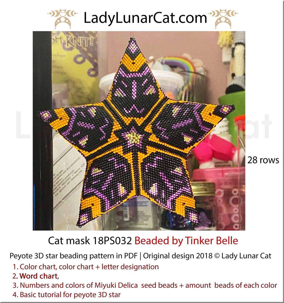 Lady Lunar Cat cat mask peyote star — Kabuki Halloween Kitsune fox beading PDF 18PS032