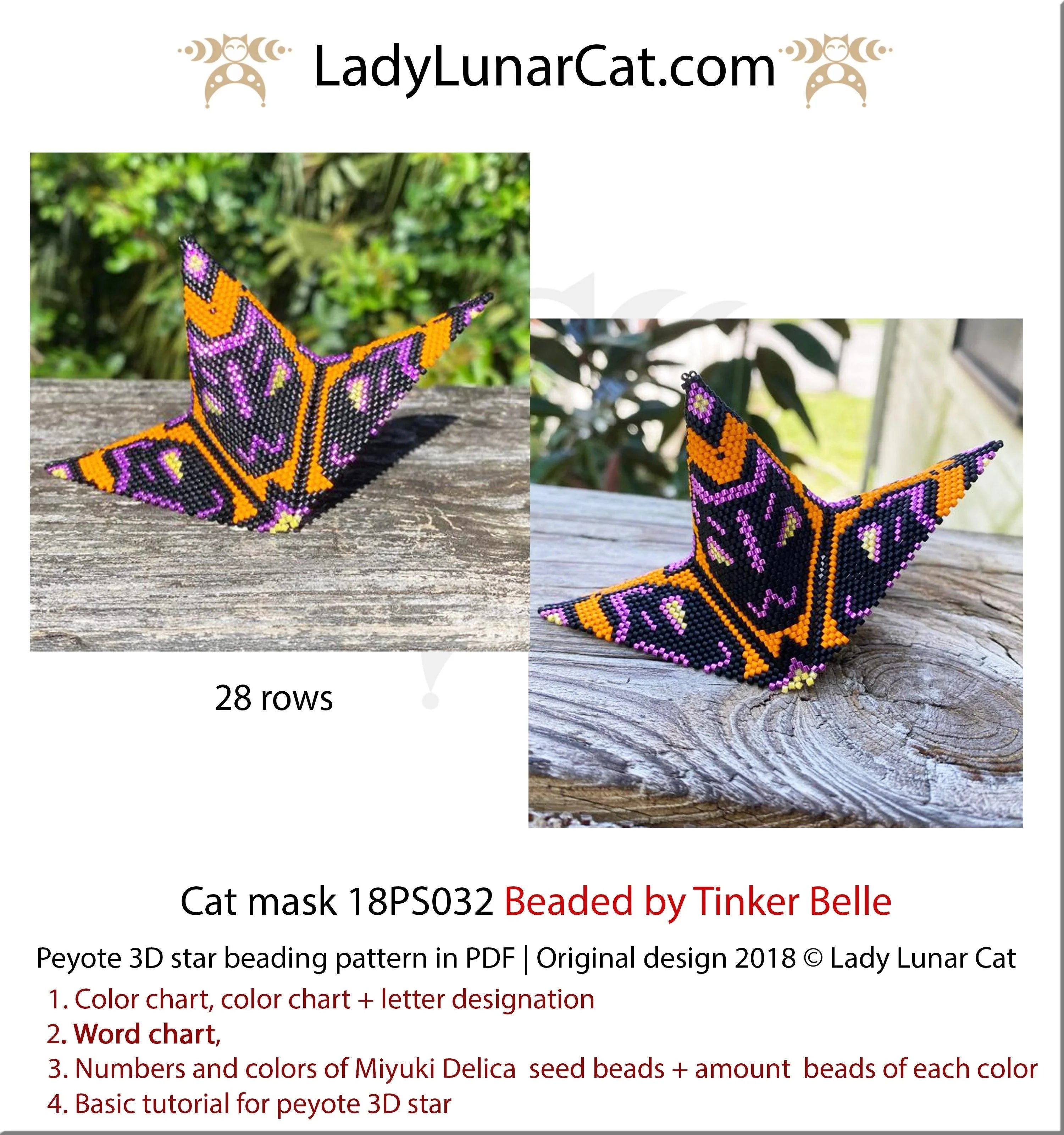 Beaded cat mask star — Kabuki Halloween Kitsune fox 3 colorways peyote beading LadyLunarCat