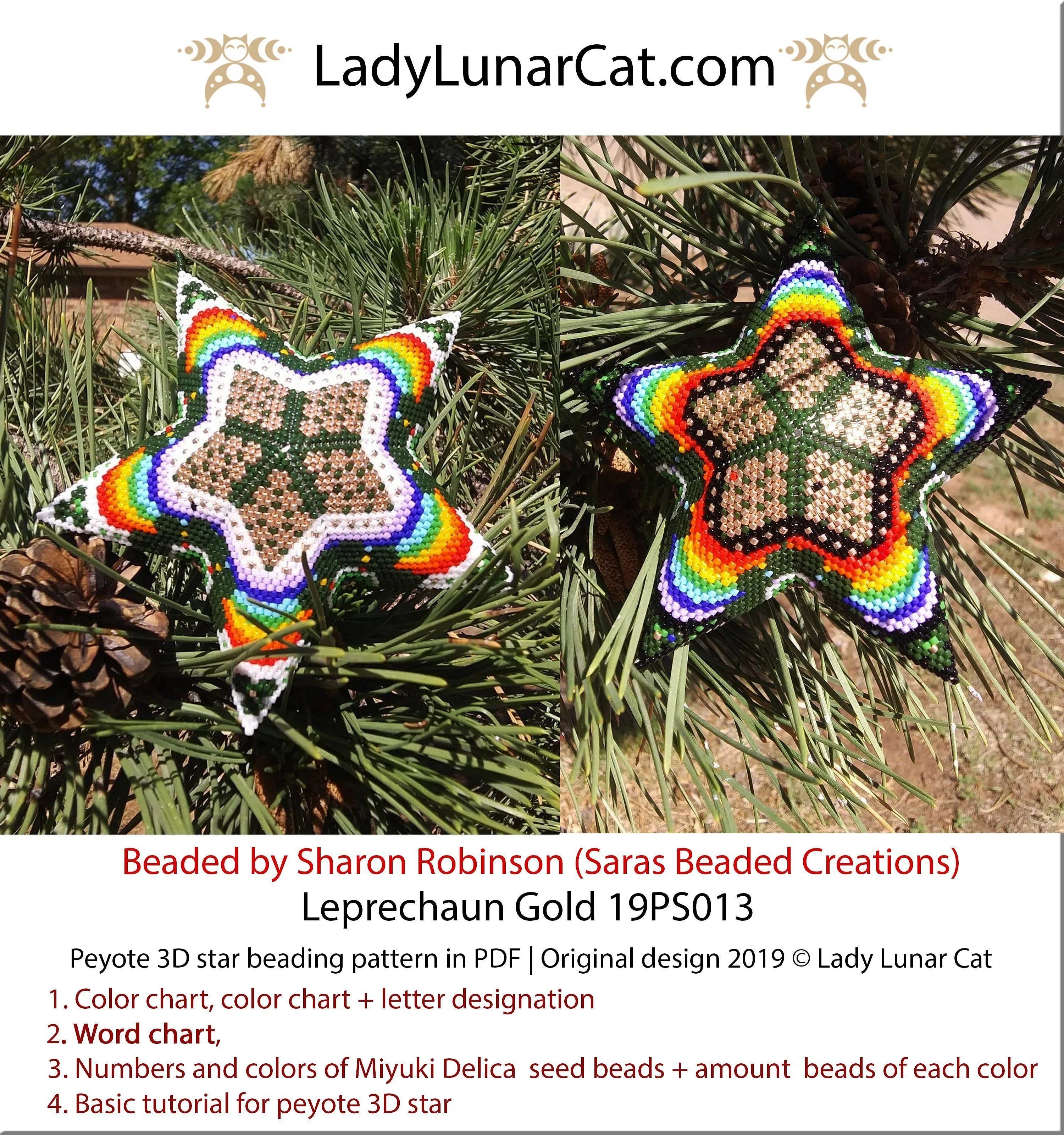 Leprechaun Gold peyote star - 45 beads 23 rows 3 colorways rainbow PDF LadyLunarCat