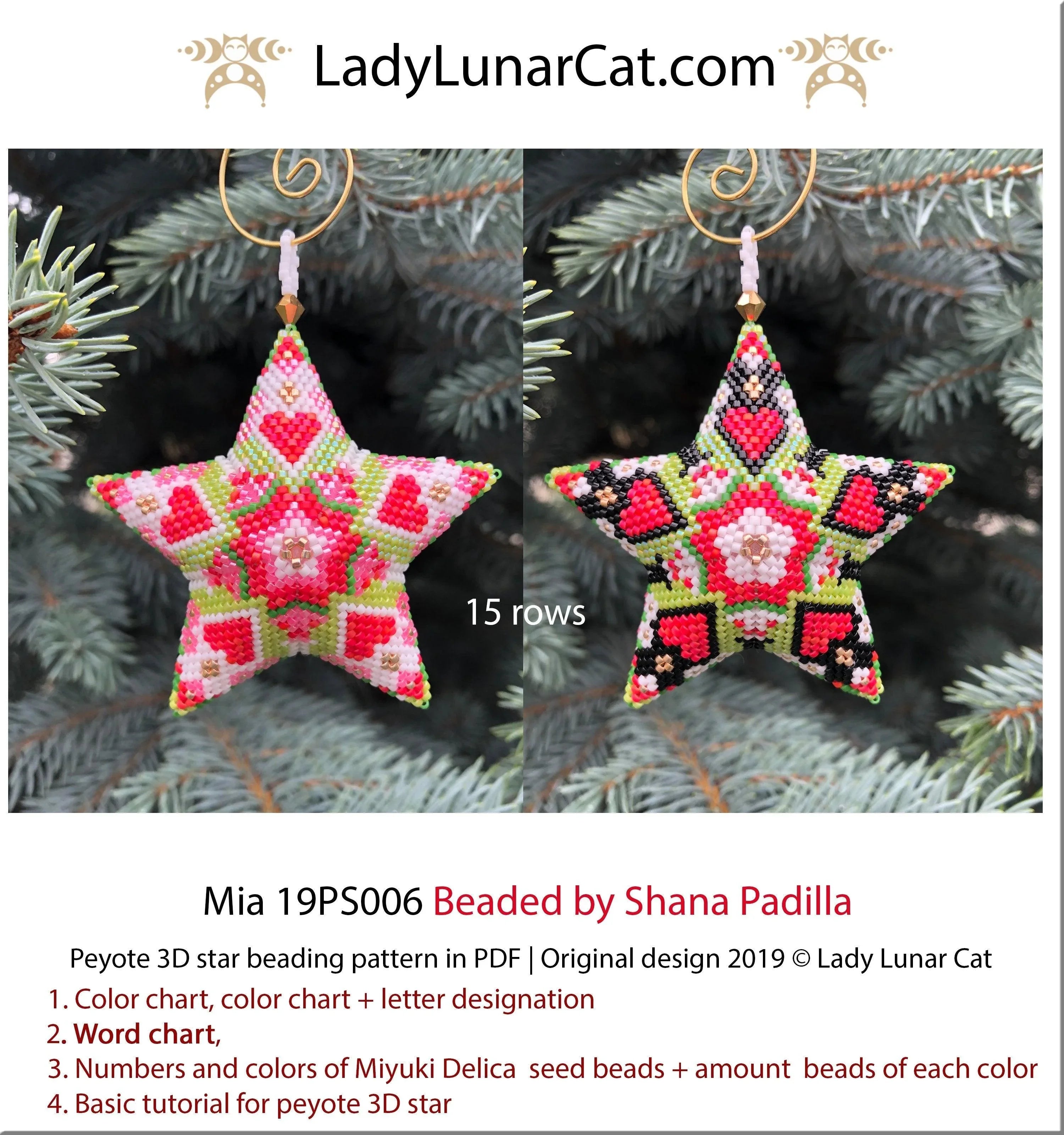 Mia peyote star 19PS006 - 2 variations 29 beads 15 rows flowers hearts Valentine PDF LadyLunarCat