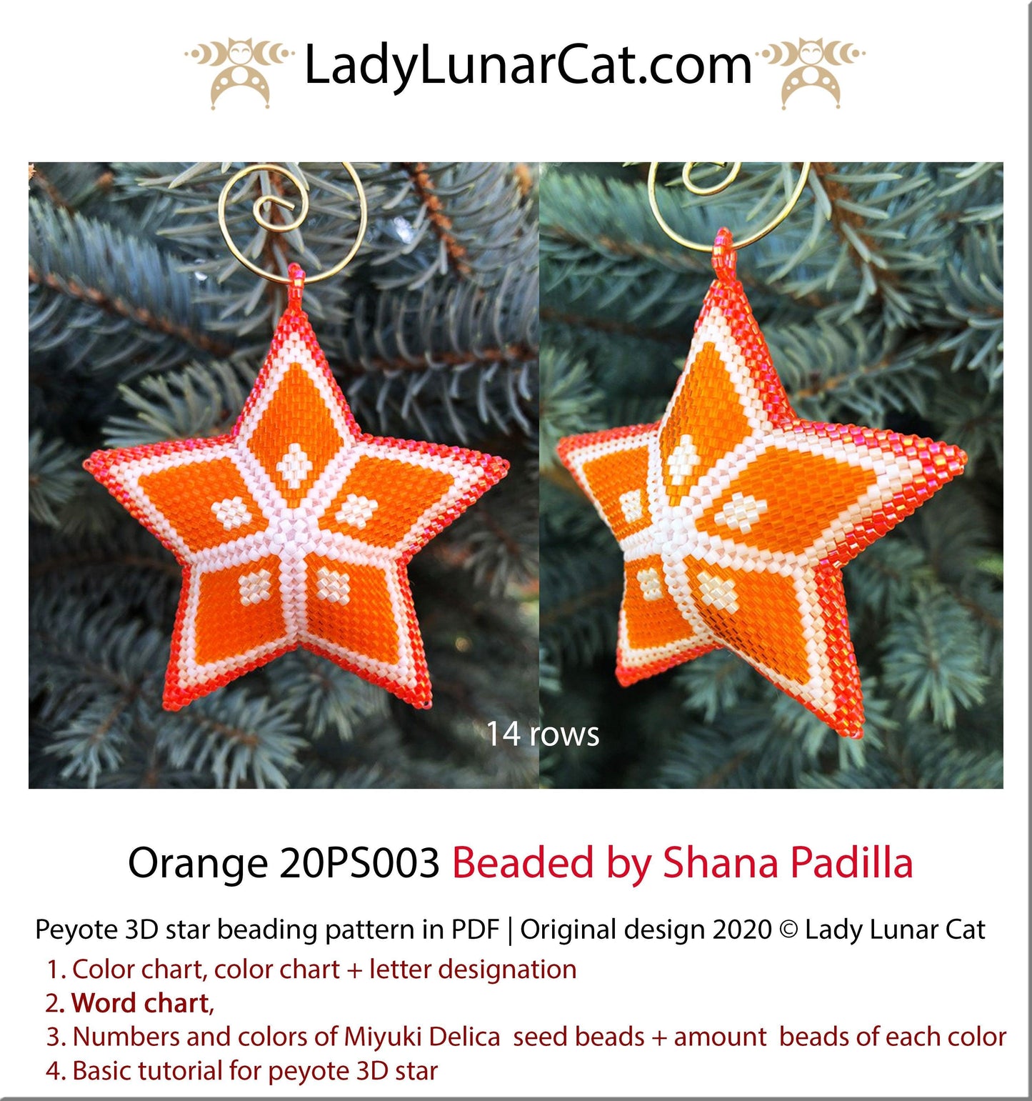 Beaded star pattern for beadweaving Orange 20PS003 LadyLunarCat