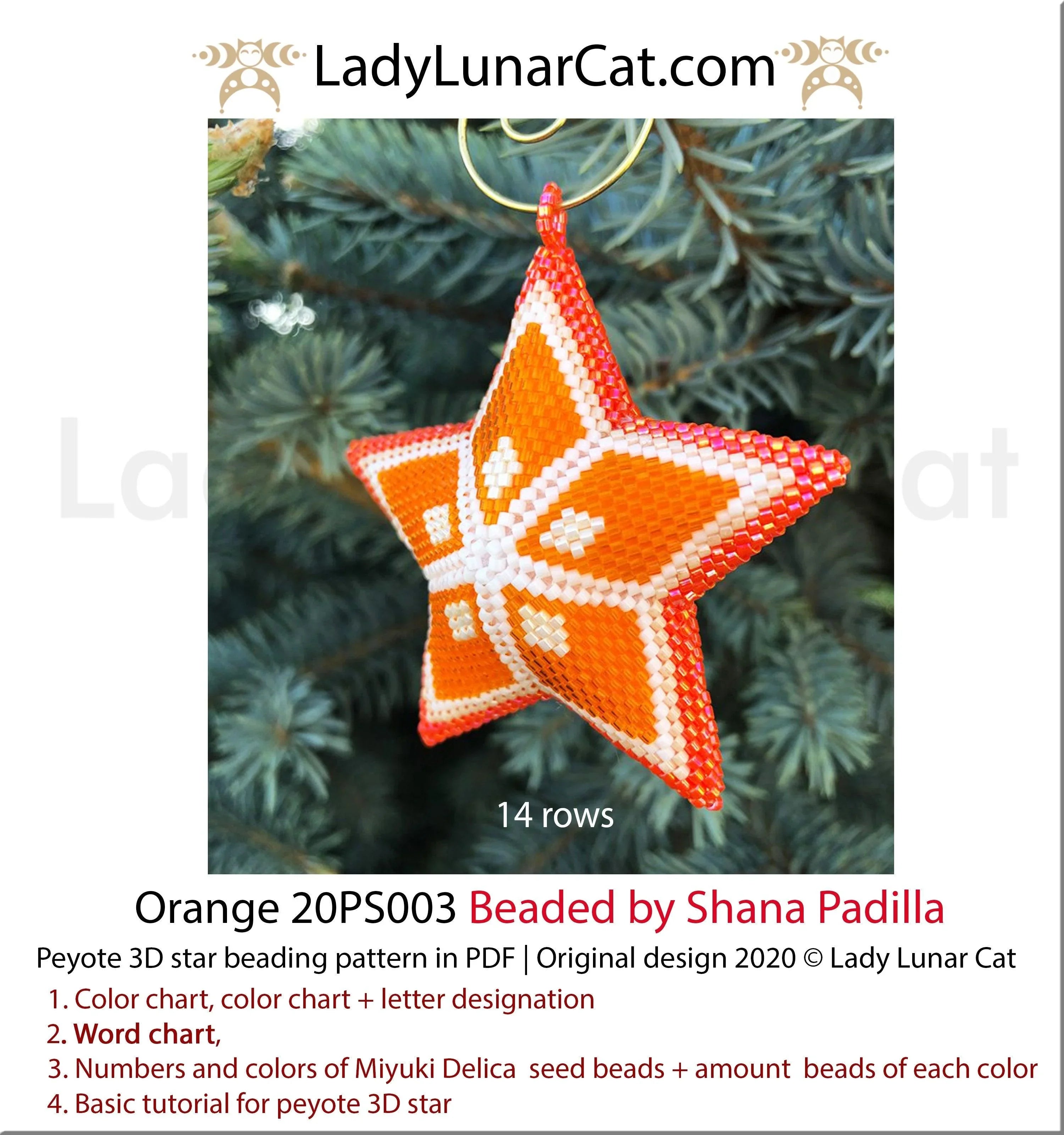 Juicy orange peyote star beading pattern — 5 colors, 27-bead radius, Miyuki Delica 11/0
