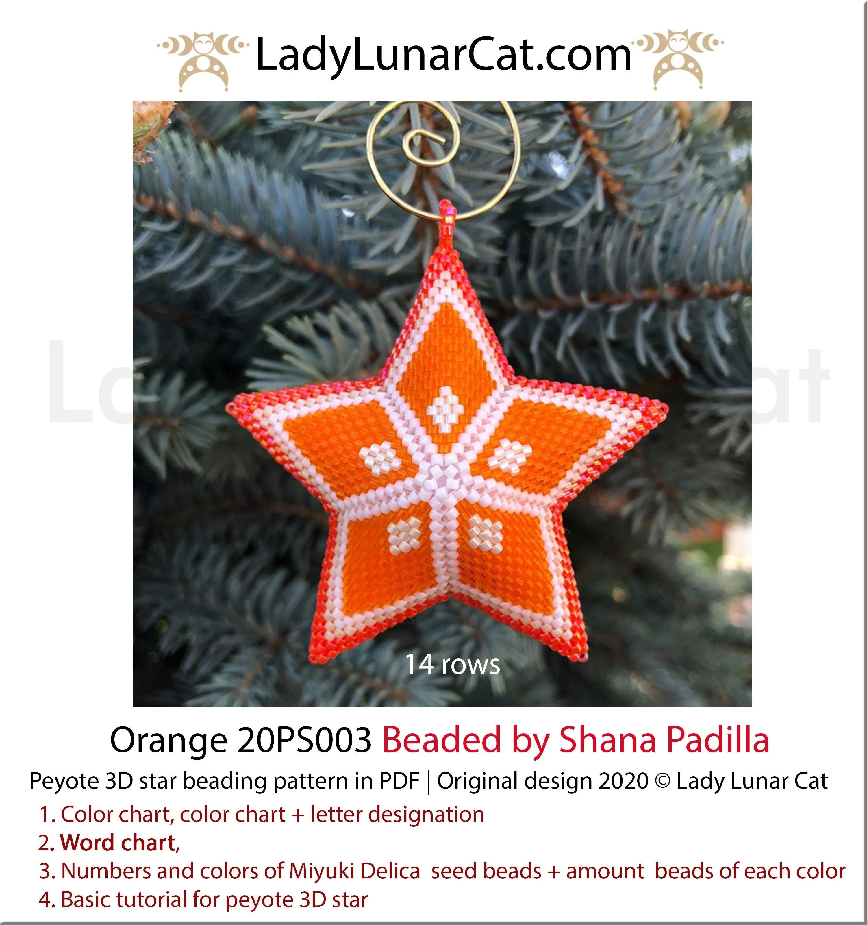 Small 3D peyote star orange fruit — 14 corner rows, summer citrus, instant download
