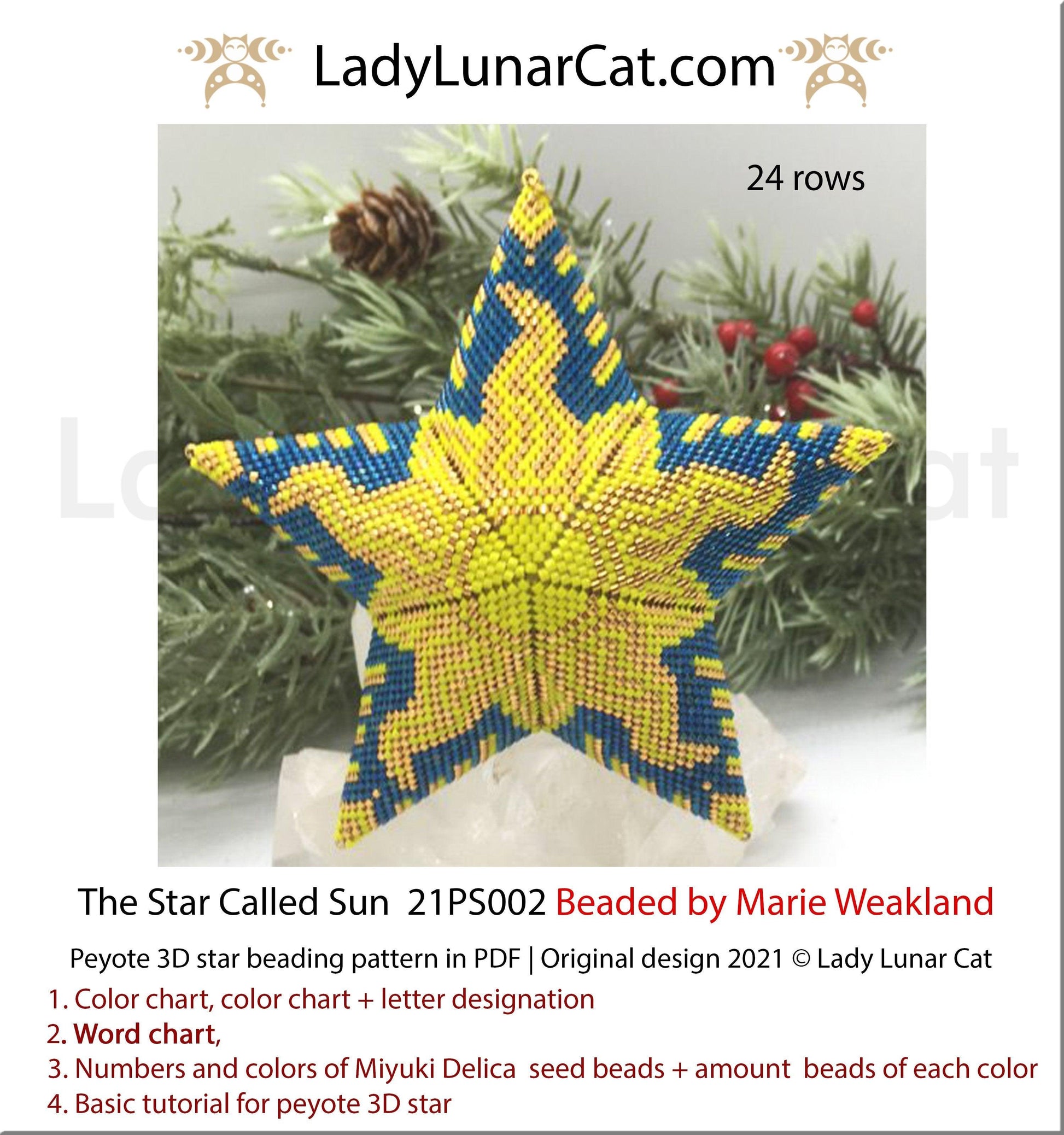 Beaded star pattern for beadweaving The Star Called Sun  21PS002 24 rows LadyLunarCat
