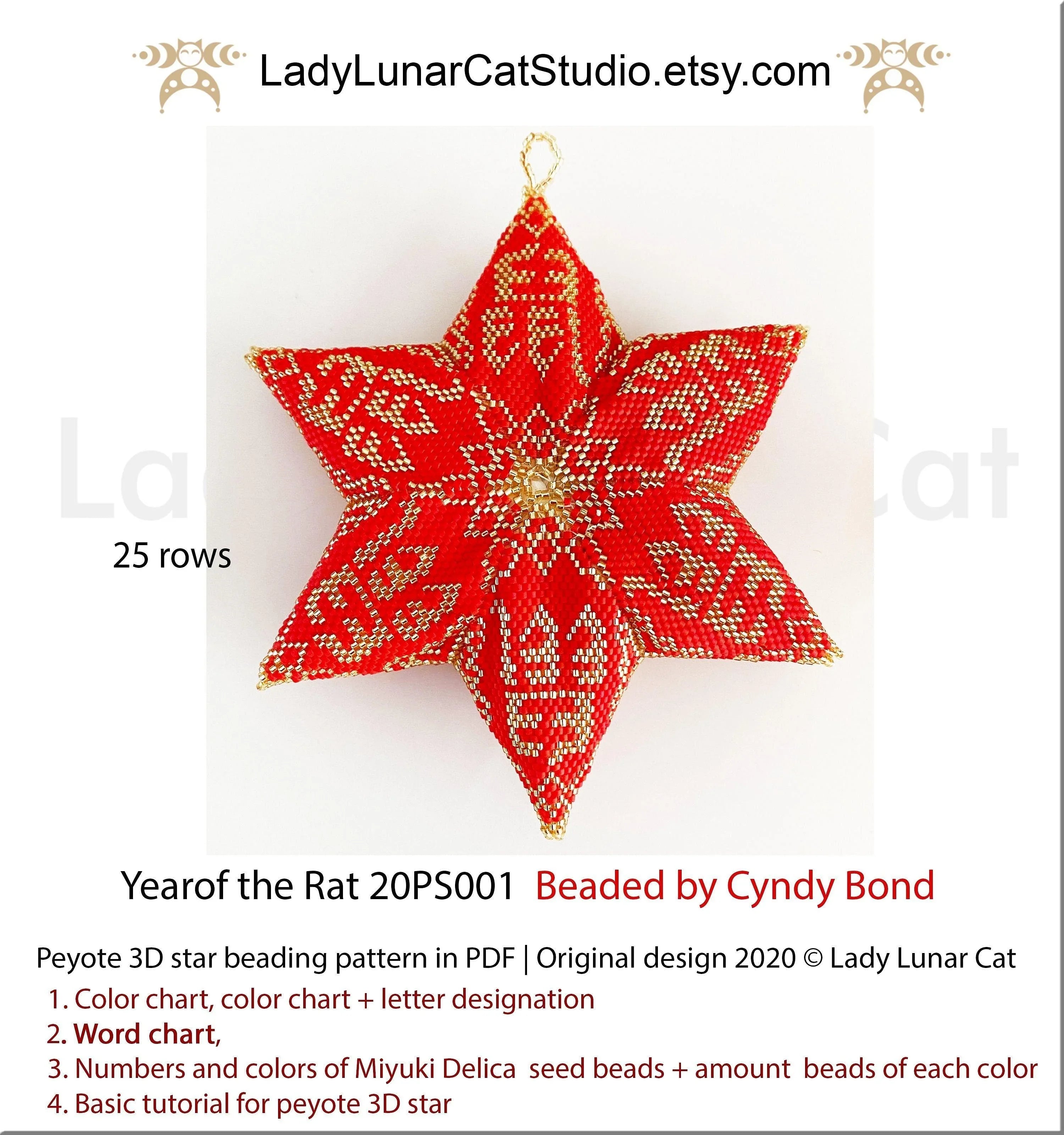 Year of the Rat peyote star by Lady Lunar Cat — 2 sizes Chinese zodiac Lunar New Year beading PDF 20PS001