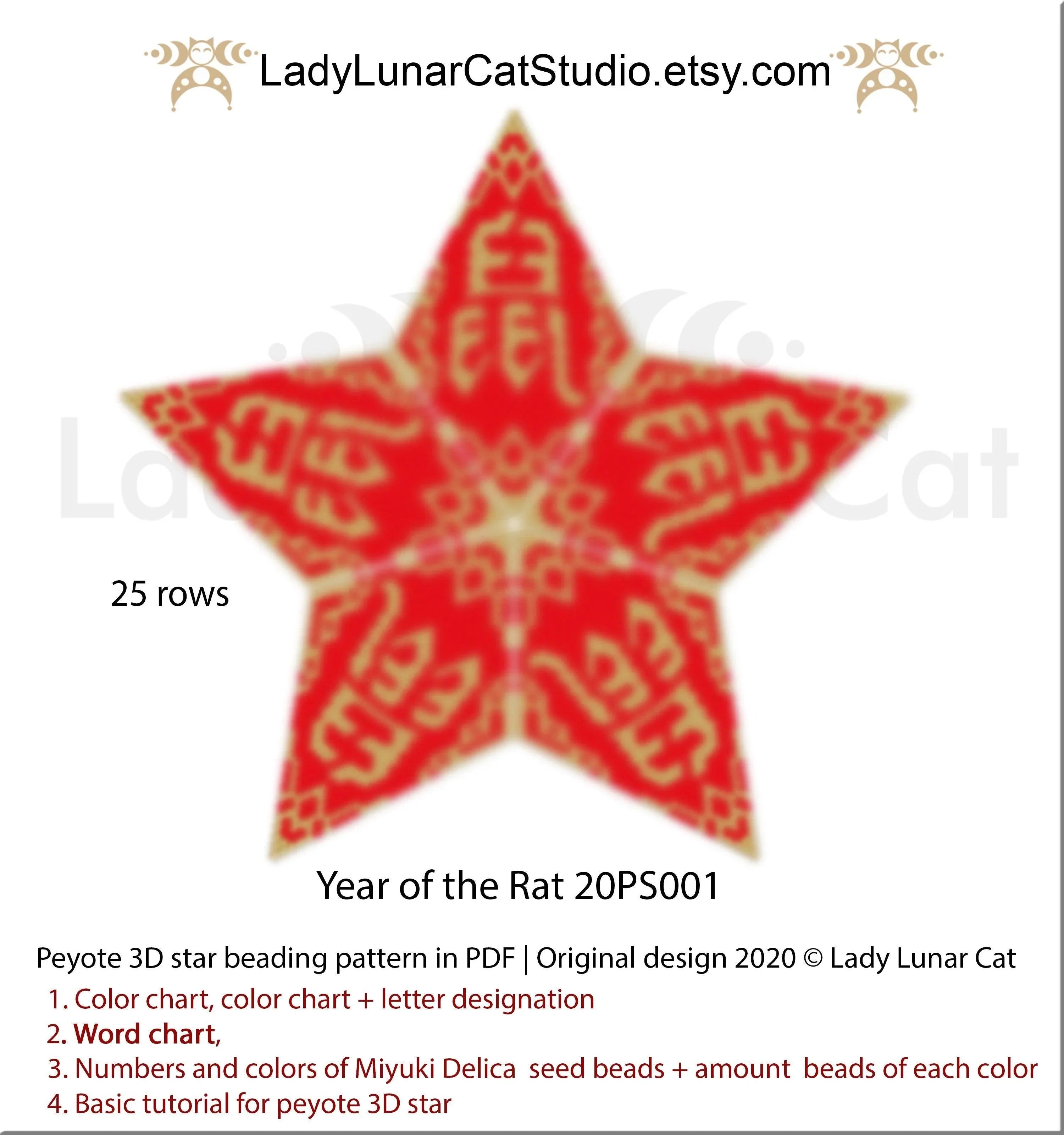 3D peyote star year of the rat — 2 sizes Chinese zodiac Lunar New Year instant download LadyLunarCat