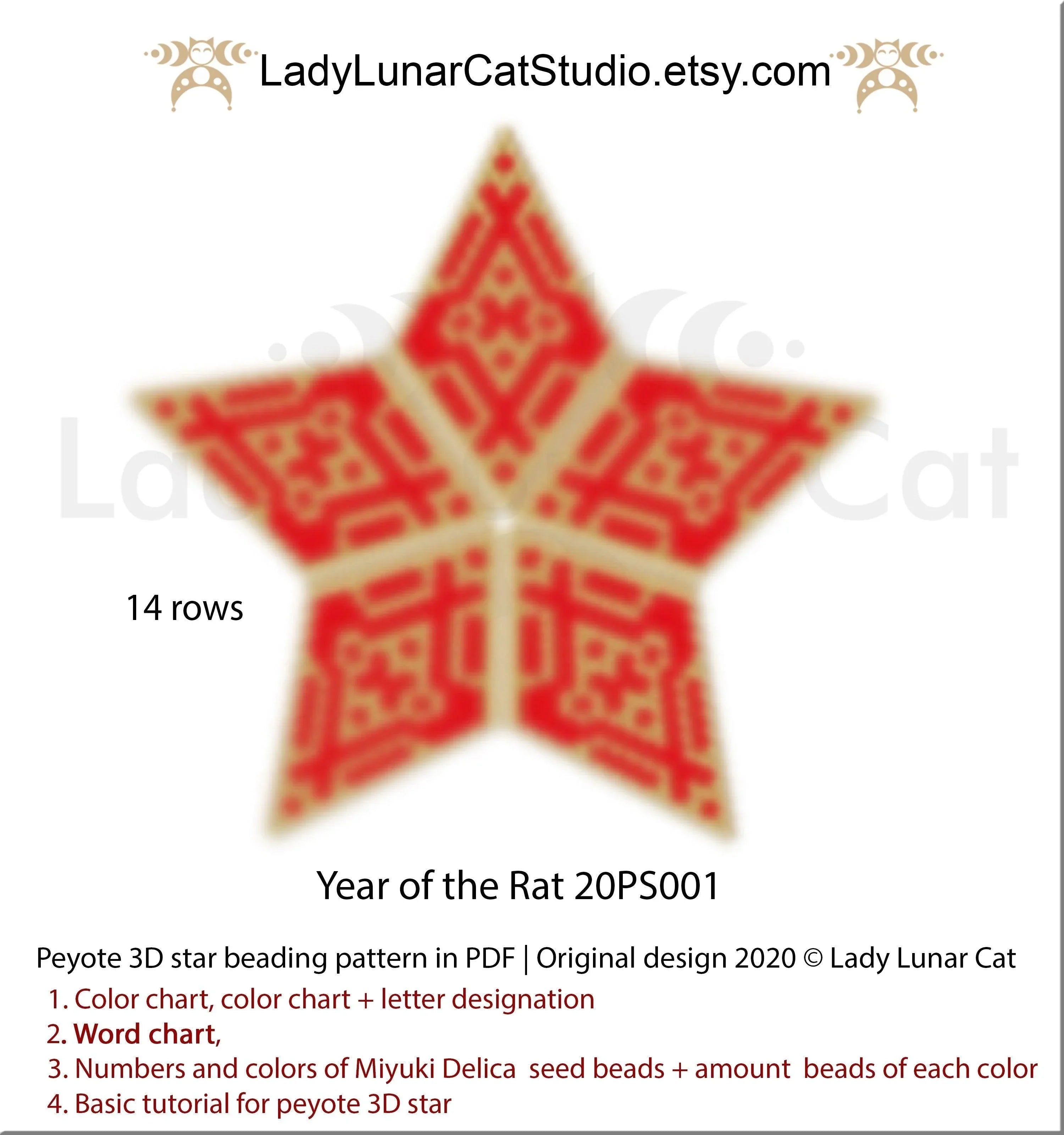 Beaded year of the rat star — 2 sizes Chinese zodiac Lunar New Year peyote beading LadyLunarCat