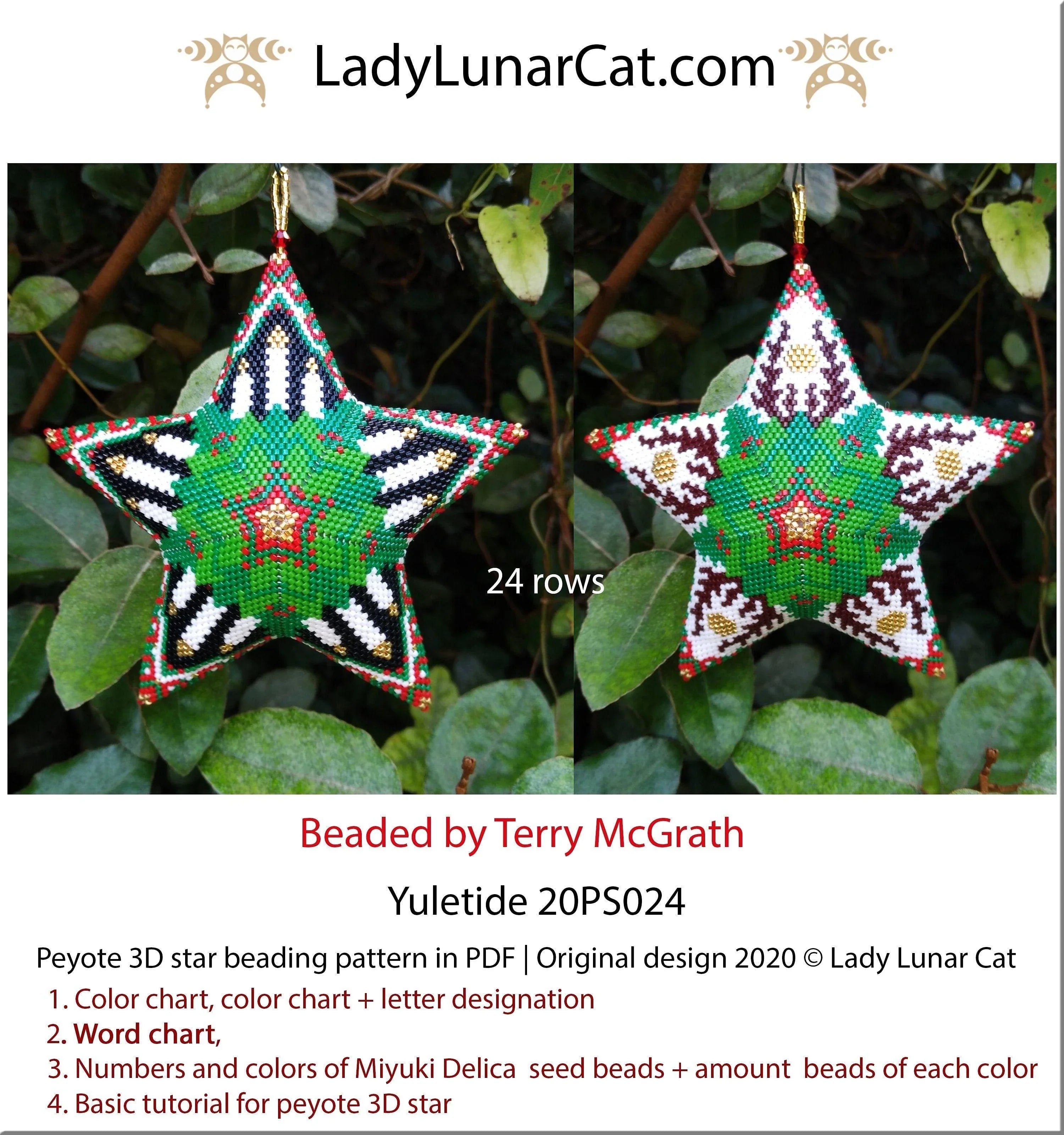 Yuletide peyote star pattern by Lady Lunar Cat — 3 colorways winter solstice Yule beading PDF 20PS024