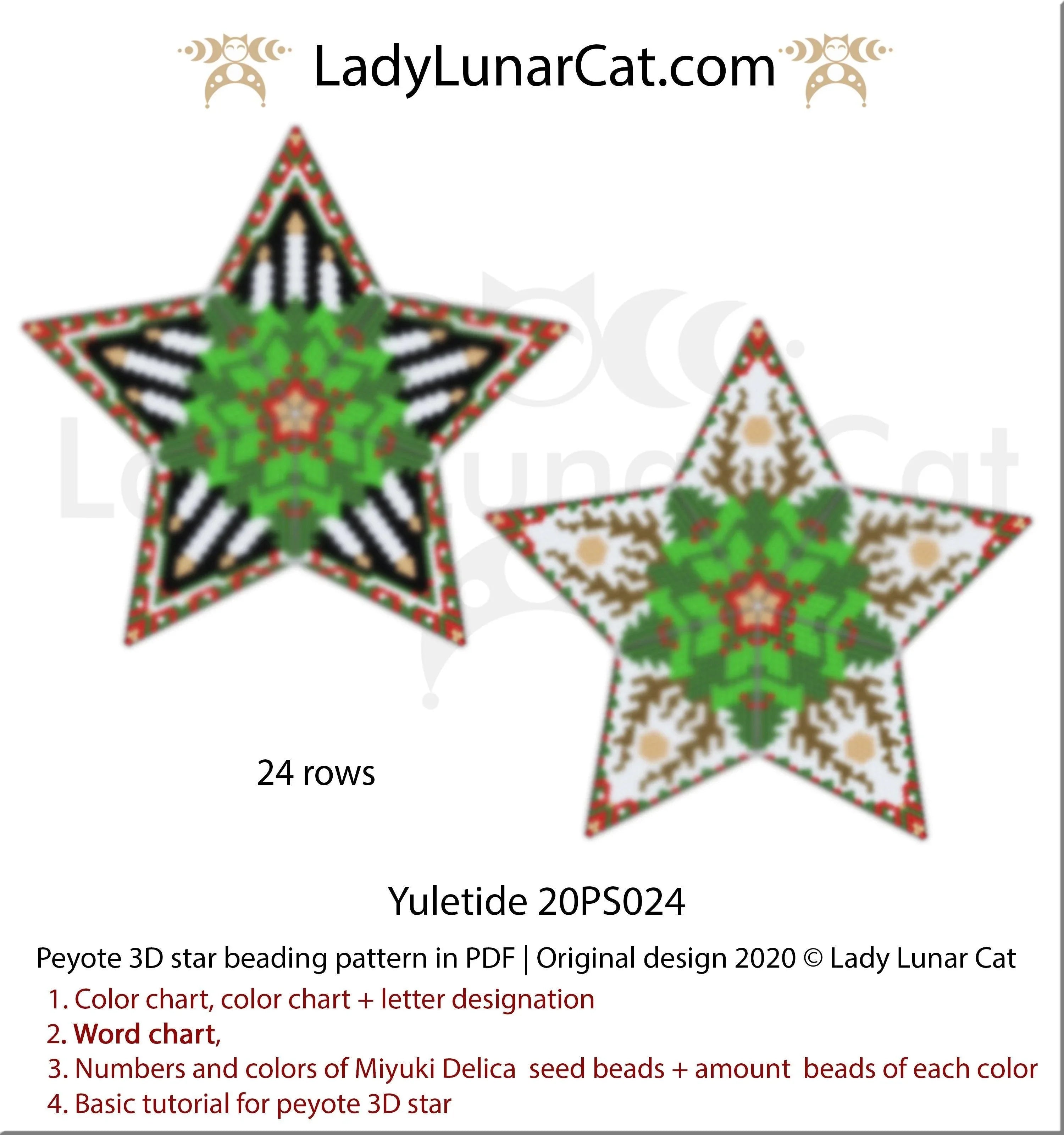 3D peyote star Yuletide — 3 colorways winter solstice Yule ornament instant download LadyLunarCat
