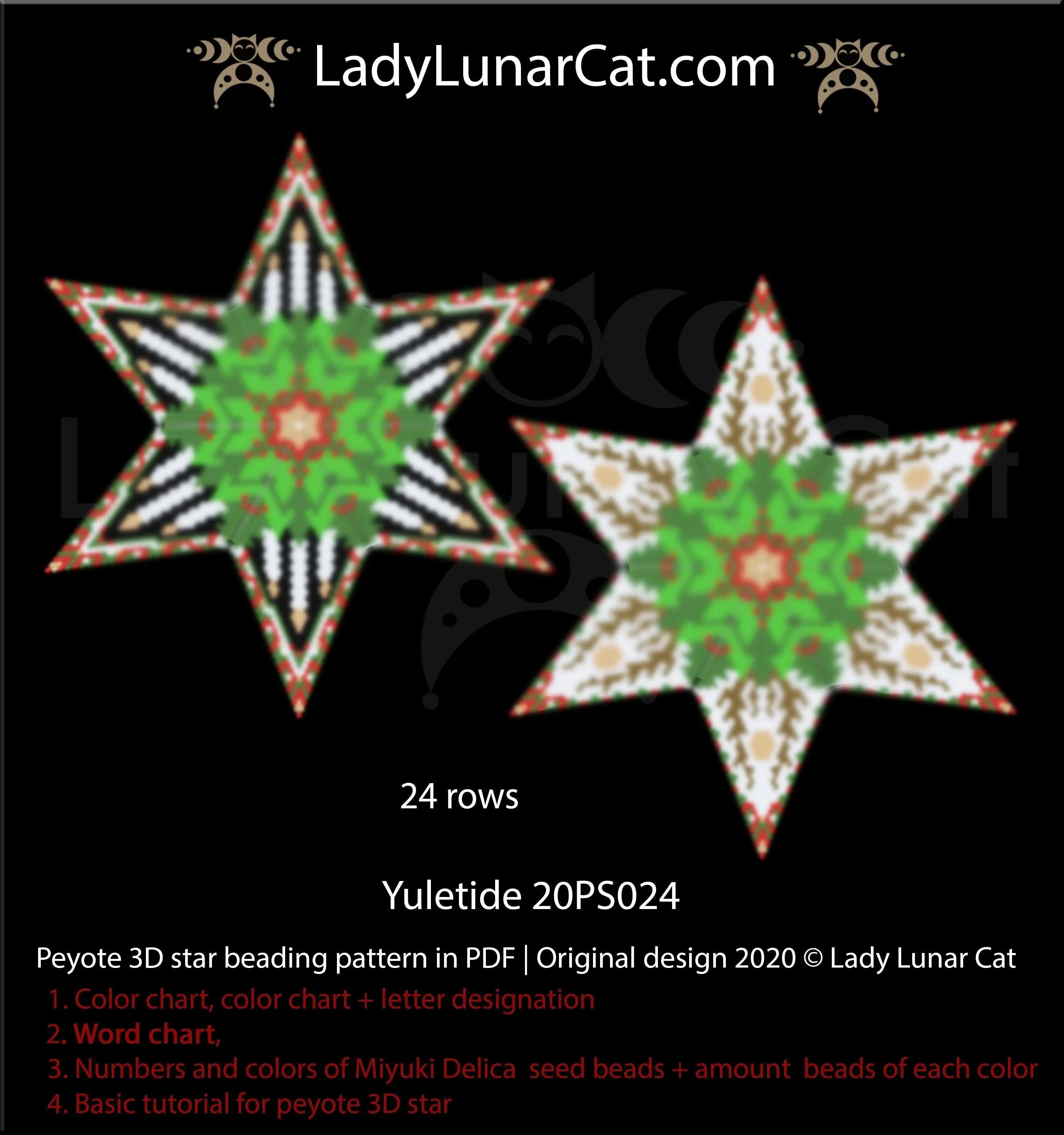 Beaded Yuletide star 3 colorways — winter solstice Yule light peyote beading LadyLunarCat