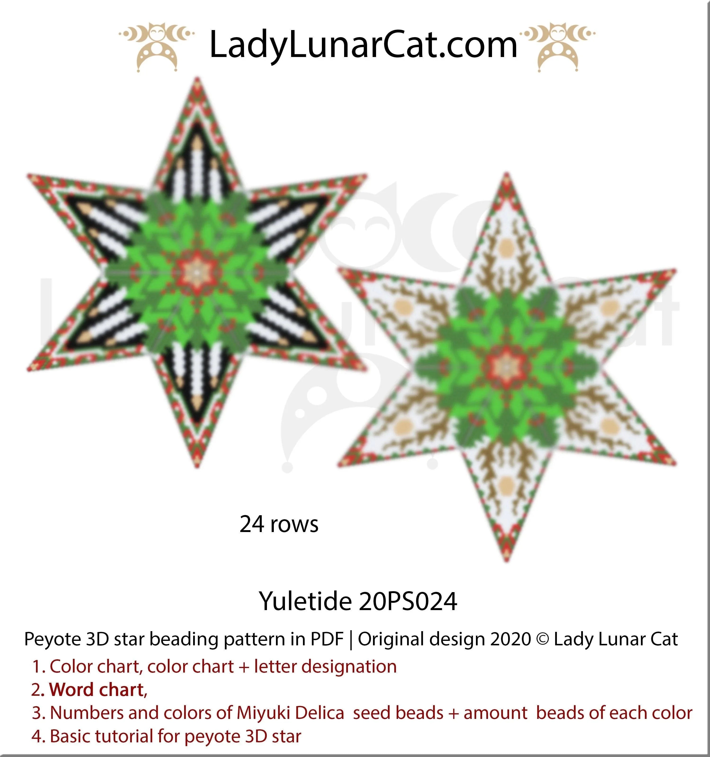 Yuletide peyote star pattern preview — 3 colorways winter solstice Yule beading LadyLunarCat