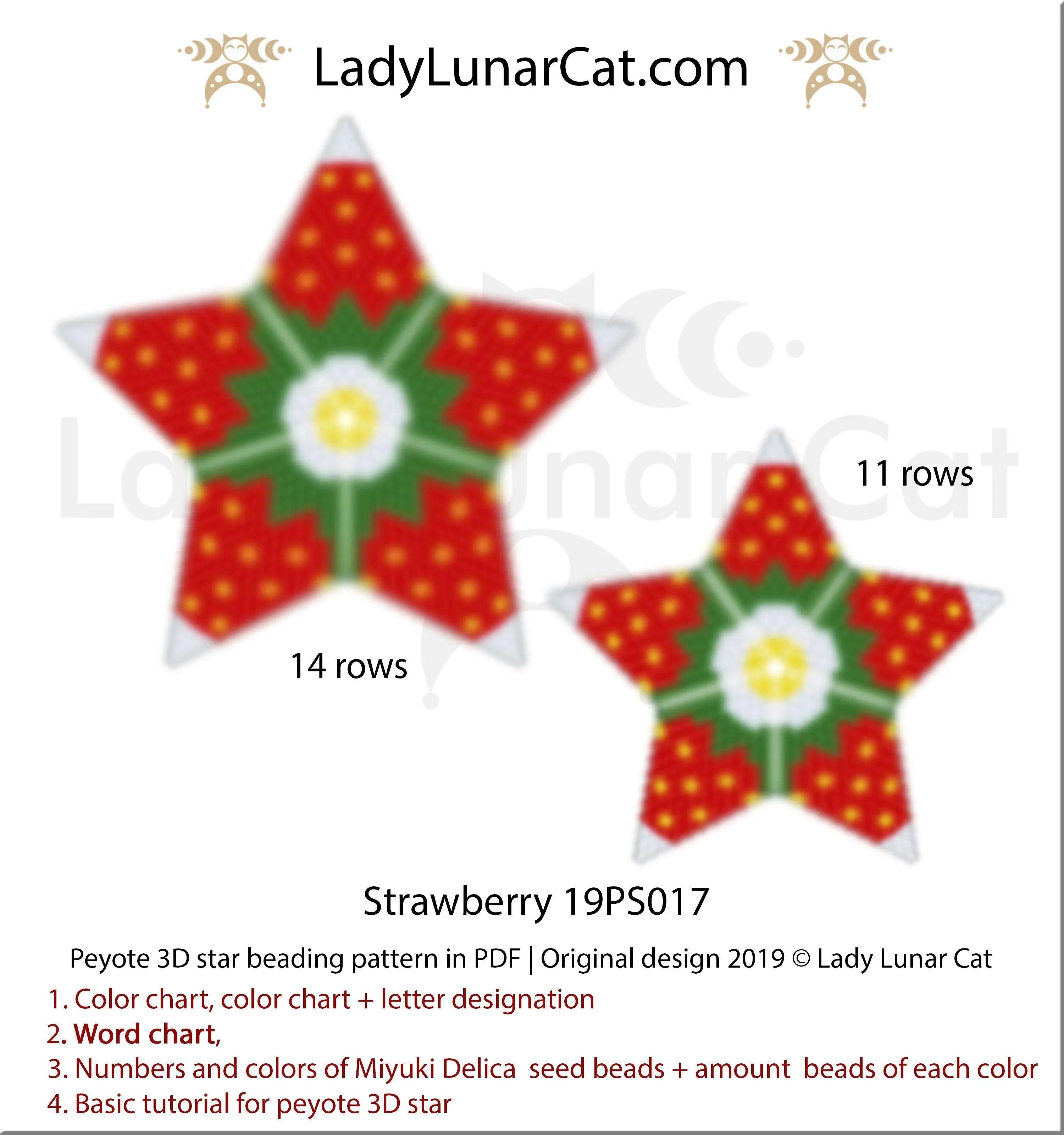 Strawberry peyote star beaded by Sharon Robinson Saras Beaded Creations - finished example LadyLunarCat