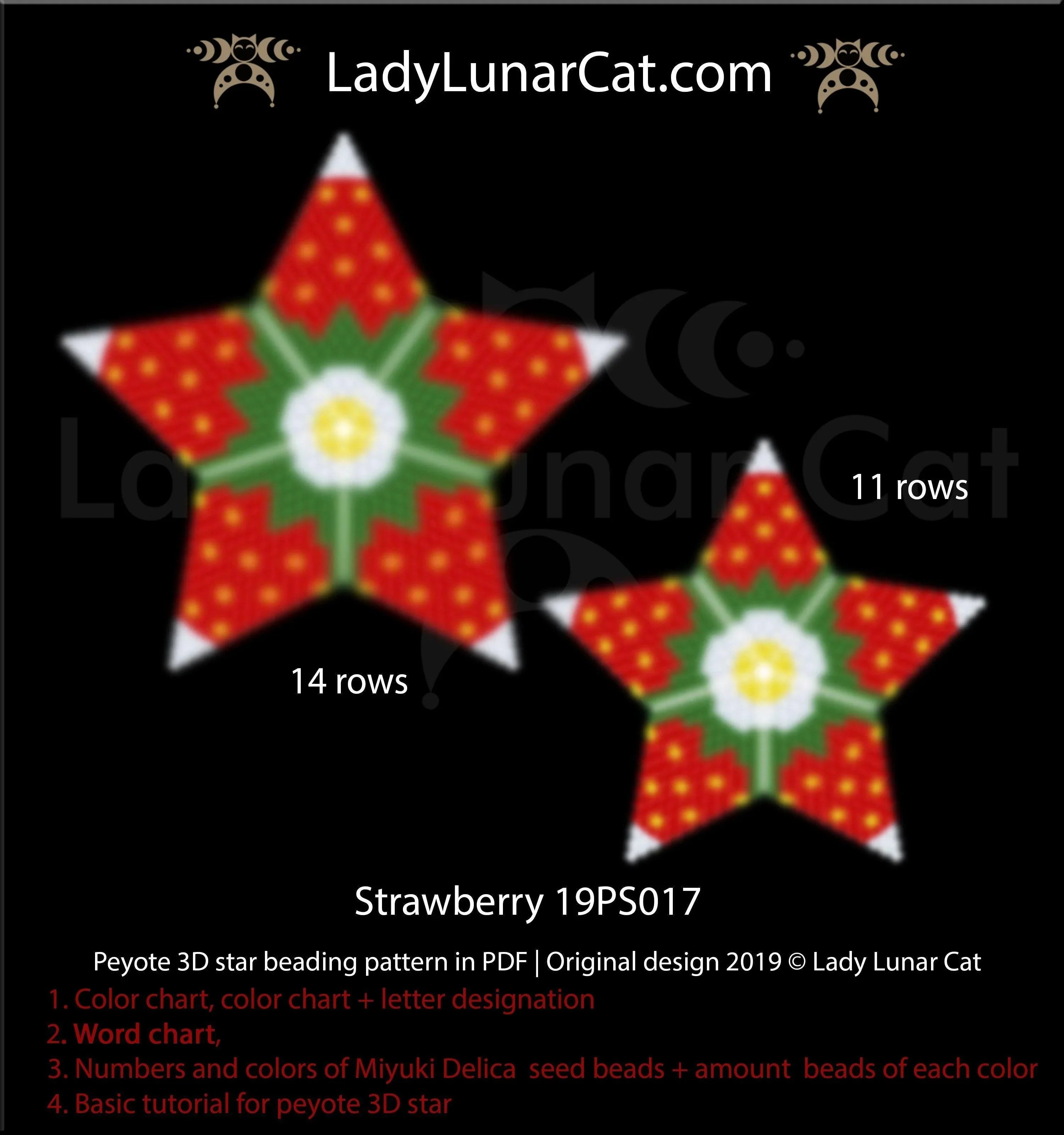 Strawberry beaded star small - 21 beads 11 rows 4 colors berry pendant LadyLunarCat