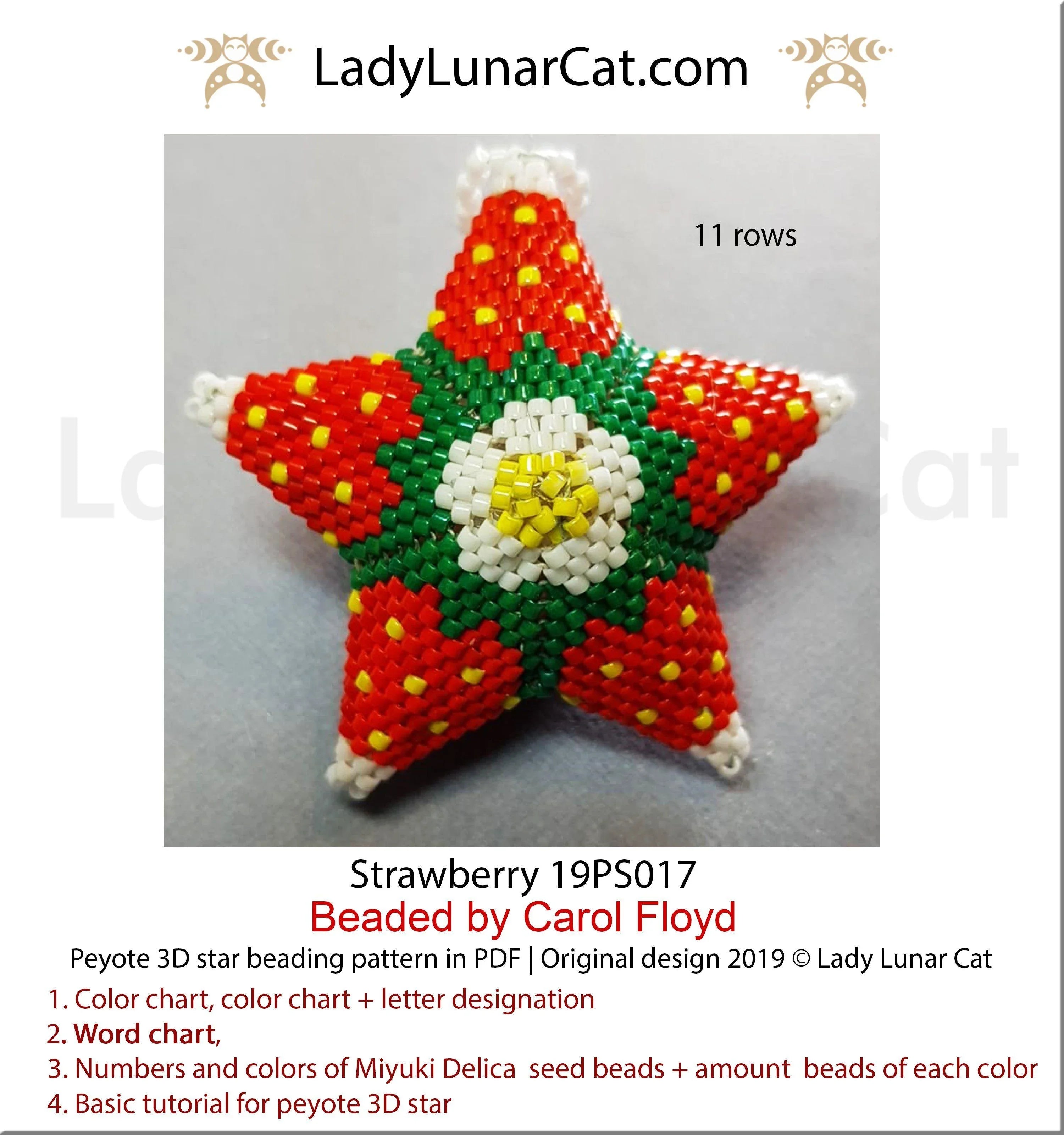 Strawberry beaded star large - 27 beads 14 rows 4 colors red spring Miyuki Delica LadyLunarCat