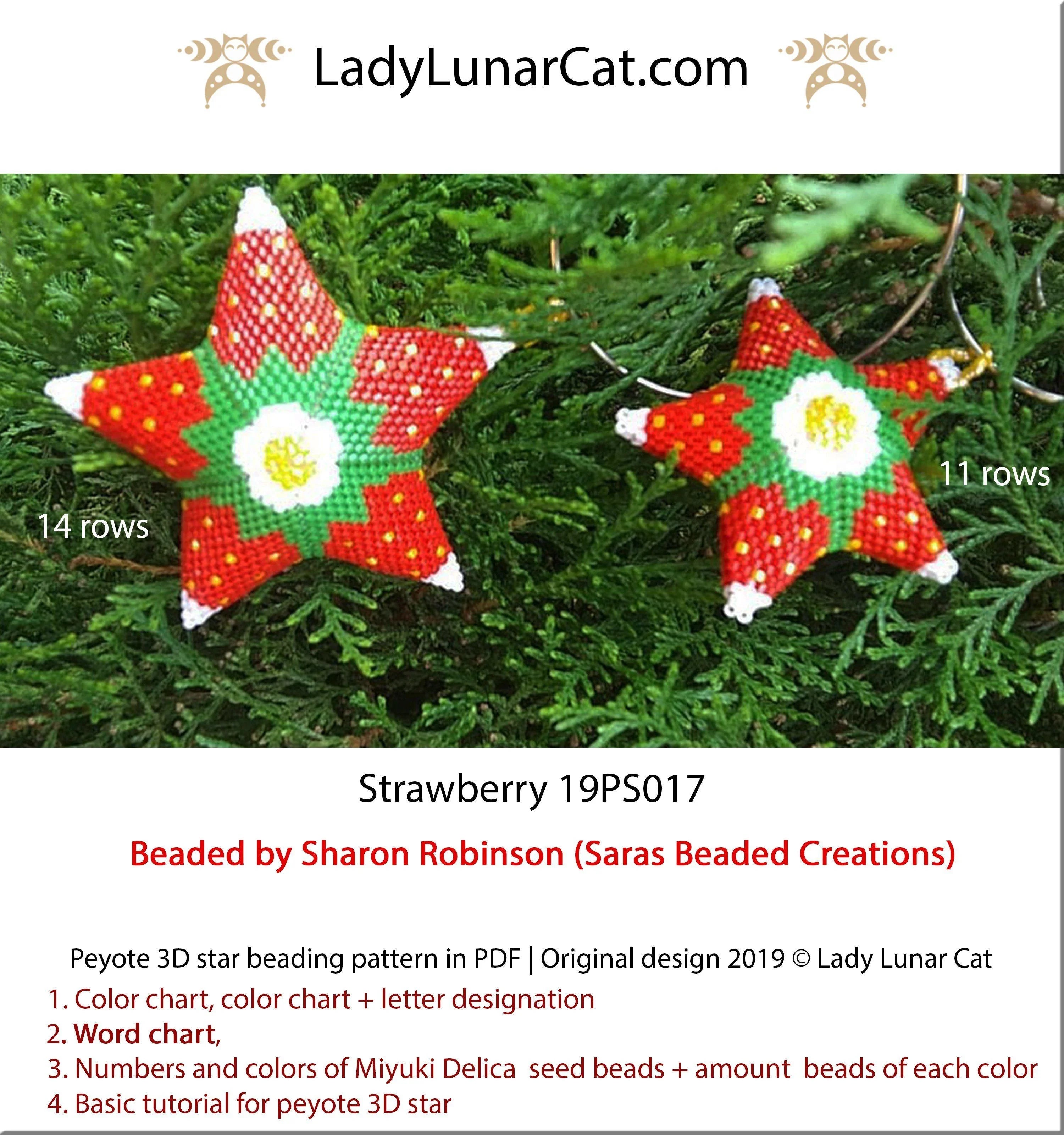 Strawberry peyote star 19PS017 - 2 sizes 27+21 beads 4+4 colors cottagecore berry PDF LadyLunarCat