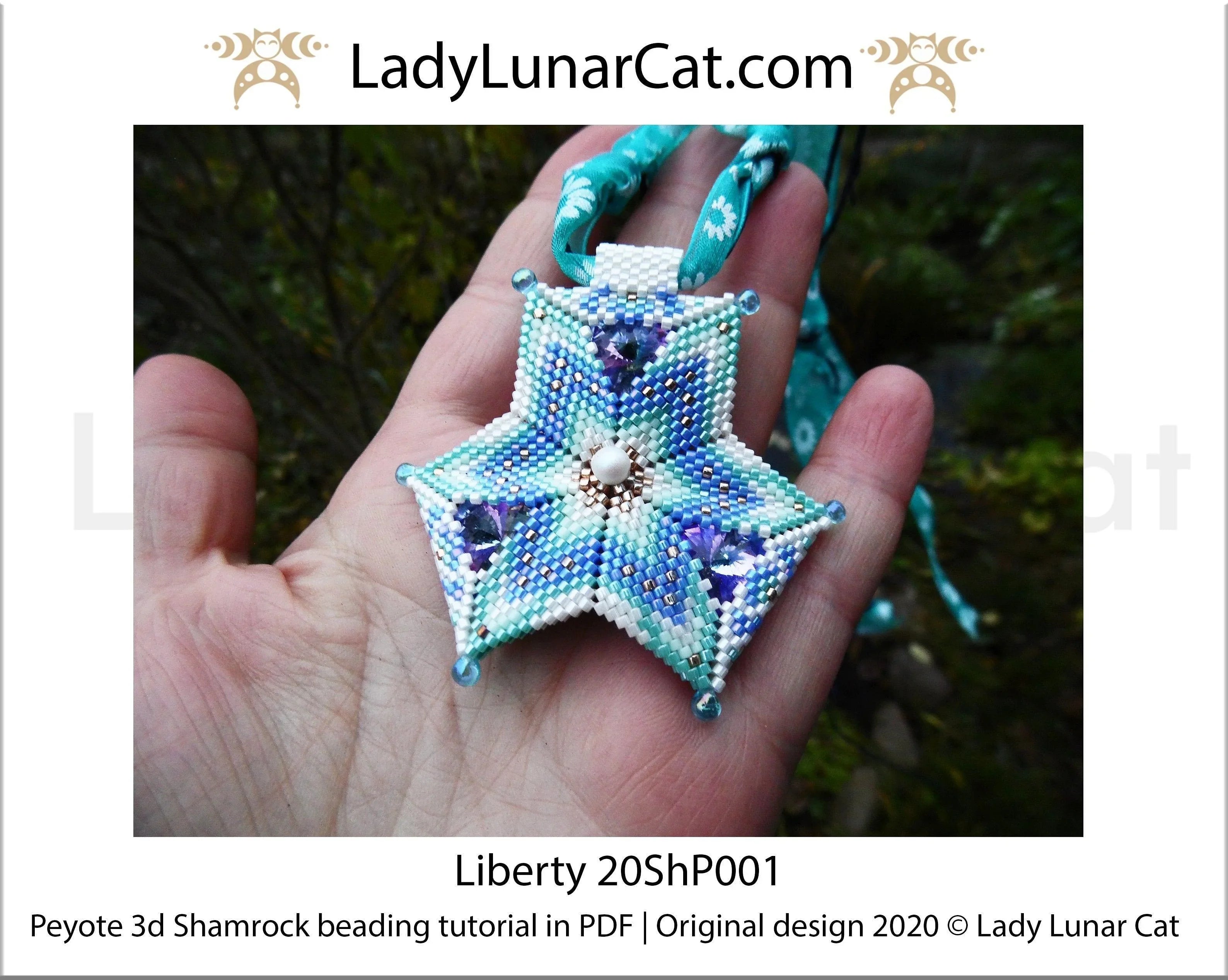Liberty shamrock beaded full view - 3D peyote 5.2x6 cm turquoise Miyuki Delica LadyLunarCat