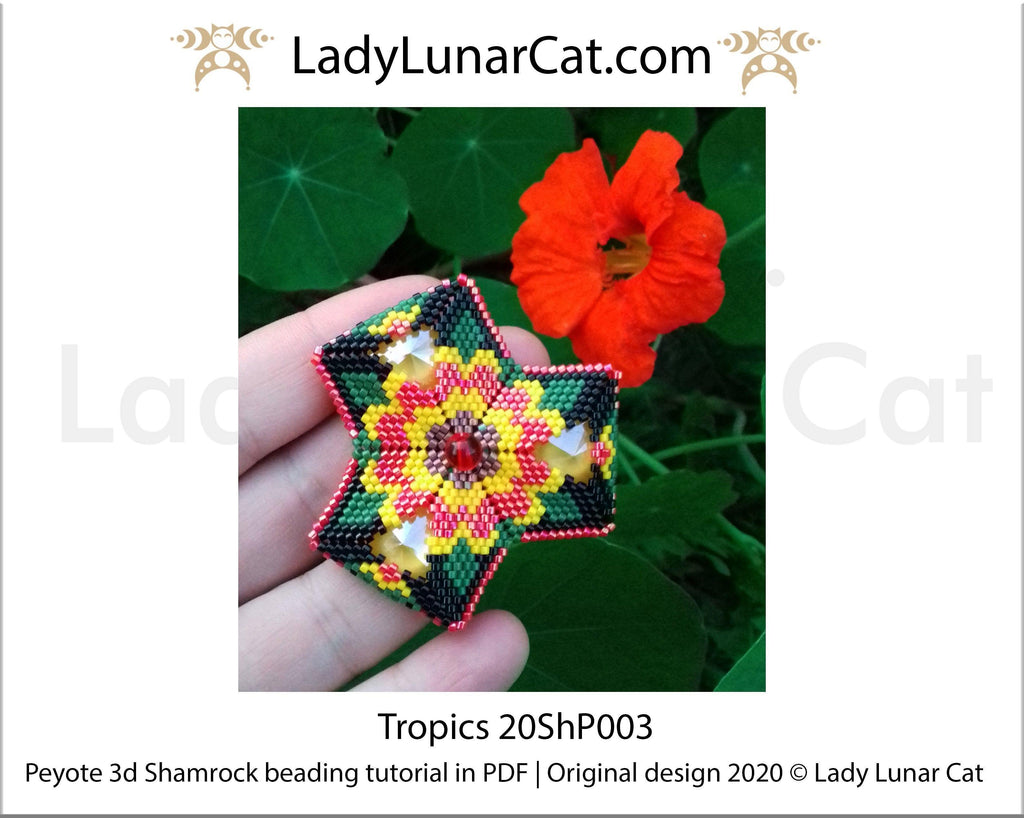 Beading tutorial Peyote 3d Shamrock Tropics 20ShP003 Step by step instruction LadyLunarCat