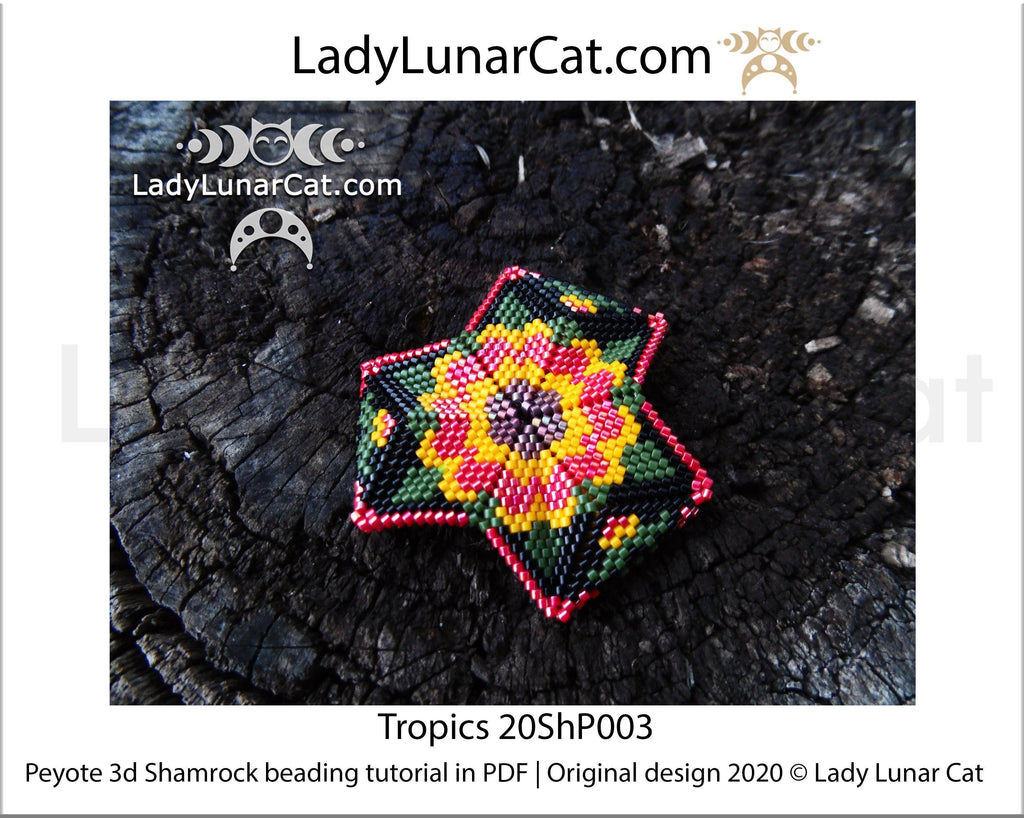 Beading tutorial Peyote 3d Shamrock Tropics 20ShP003 Step by step instruction LadyLunarCat