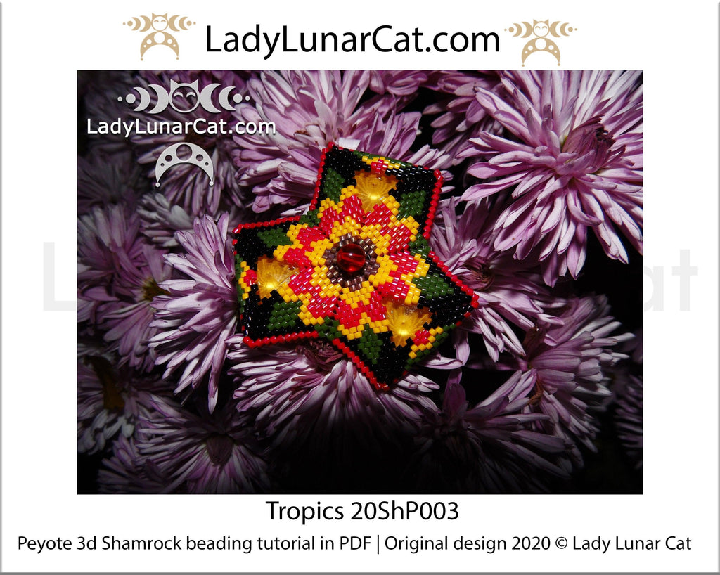 Beading tutorial Peyote 3d Shamrock Tropics 20ShP003 Step by step instruction LadyLunarCat