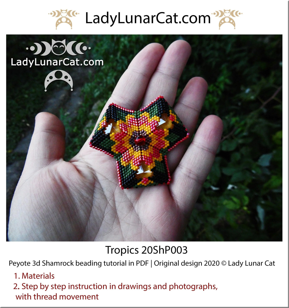 Tropics 3D peyote shamrock detail - Rivoli crystal center tropical design LadyLunarCat