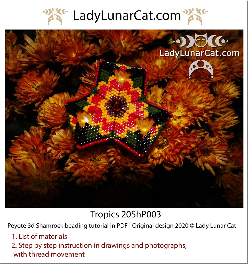 Beading tutorial Peyote 3d Shamrock Tropics 20ShP003 Step by step instruction LadyLunarCat