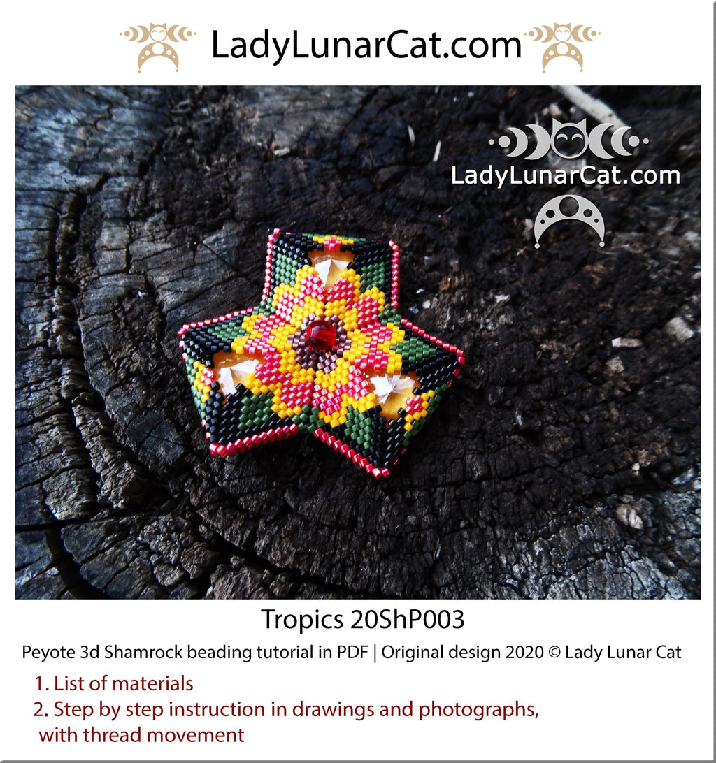 Beading tutorial Peyote 3d Shamrock Tropics 20ShP003 Step by step instruction LadyLunarCat