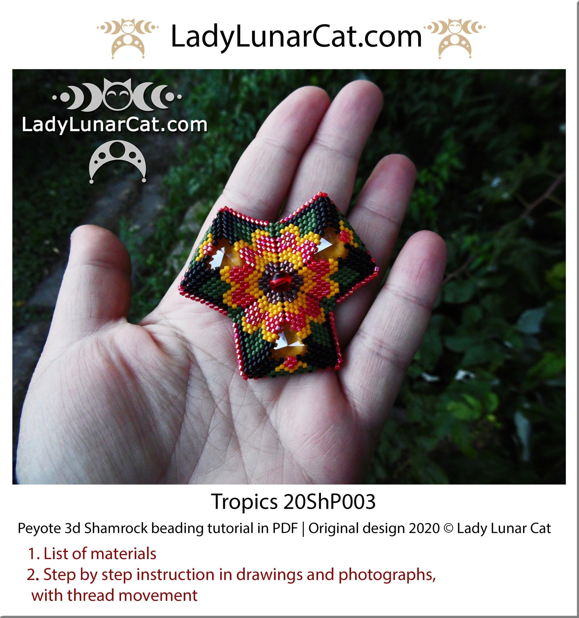 Beading tutorial Peyote 3d Shamrock Tropics 20ShP003 Step by step instruction LadyLunarCat