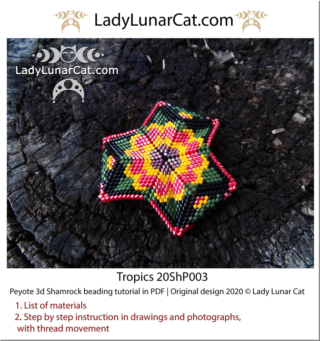 Beading tutorial Peyote 3d Shamrock Tropics 20ShP003 Step by step instruction LadyLunarCat