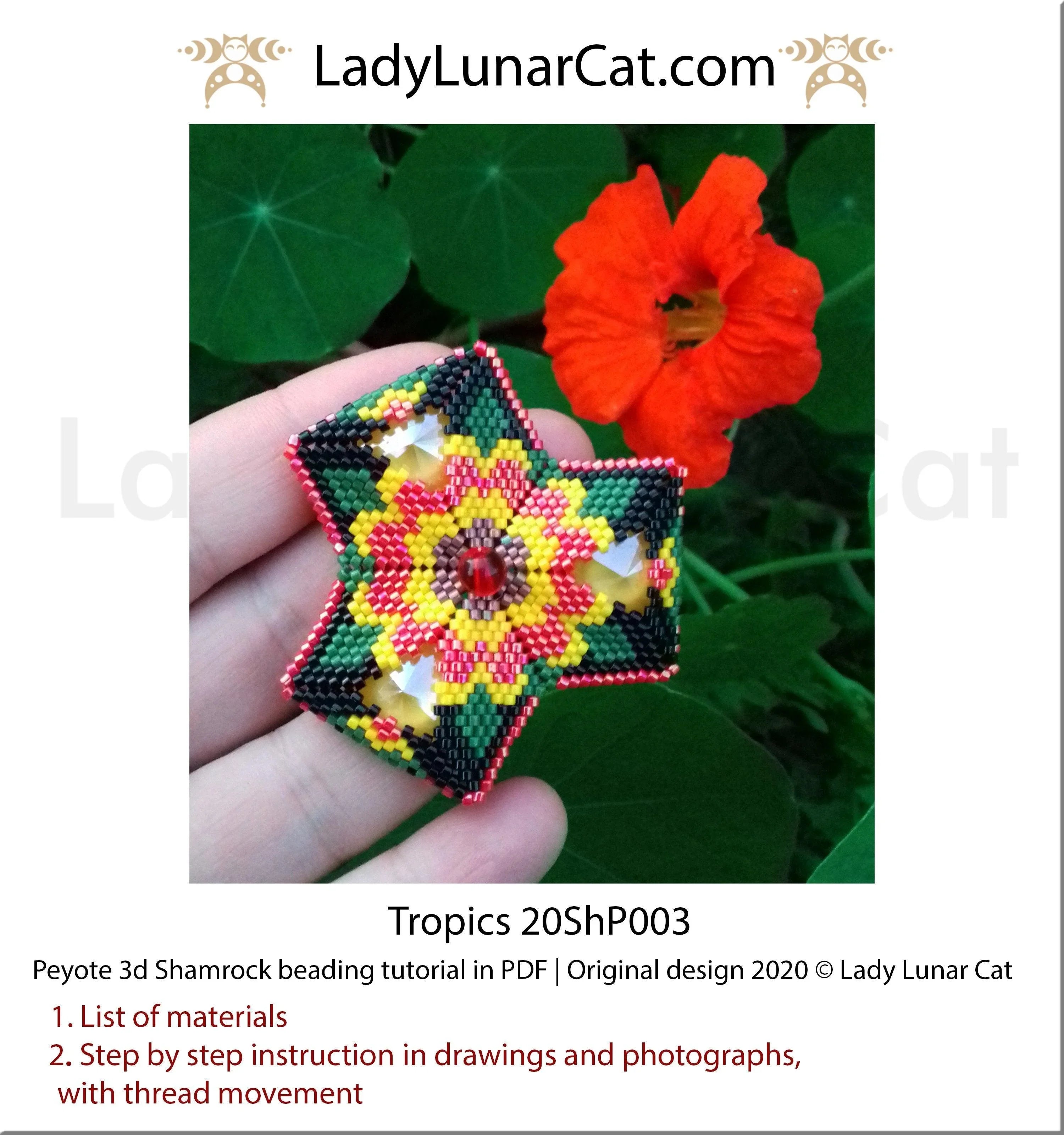Tropics 3D shamrock peyote tutorial - Rivoli 14mm brooch pendant 5 colors PDF LadyLunarCat