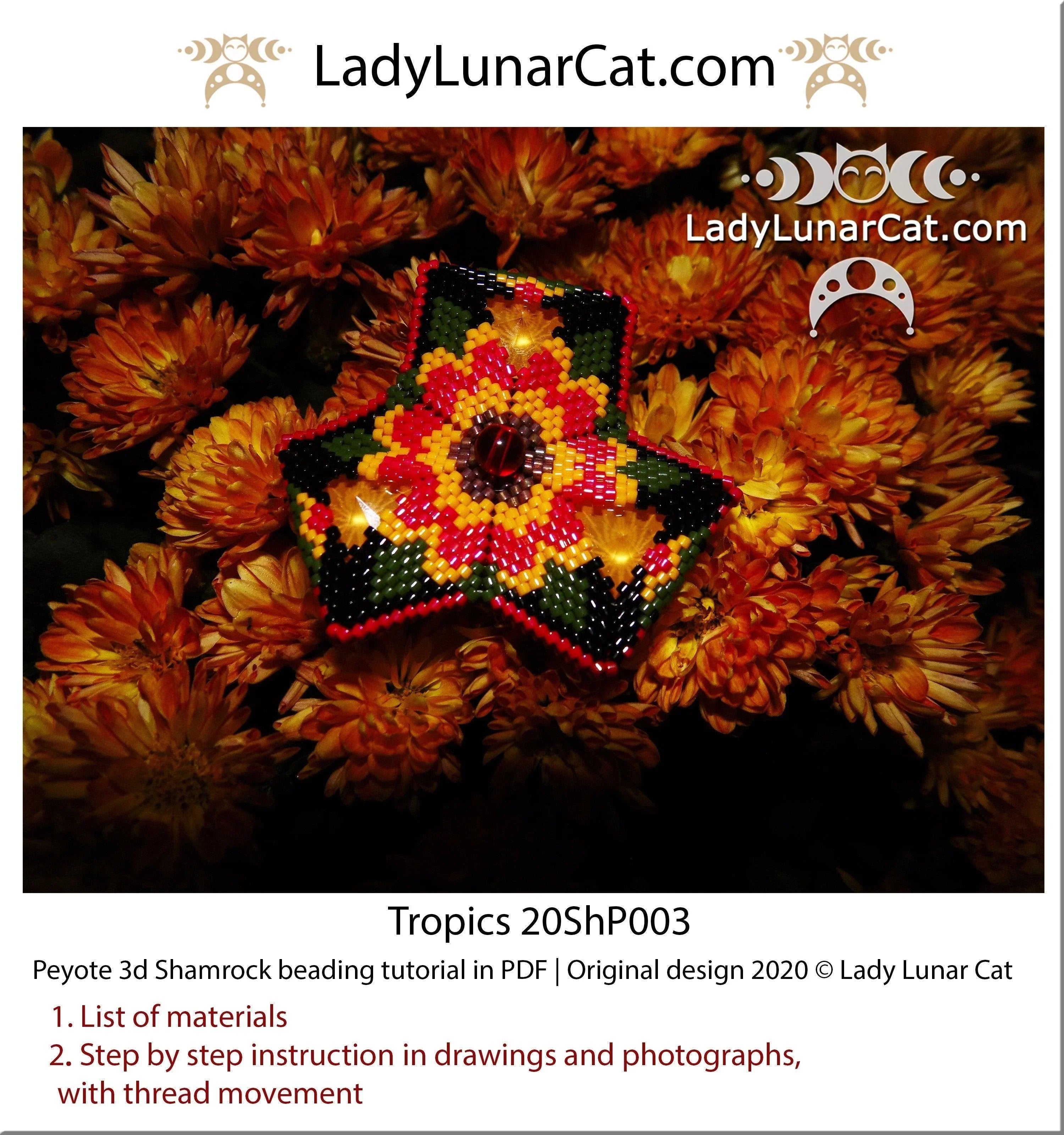 Tropics beaded trefoil brooch - 3D shamrock peyote unique shape close up LadyLunarCat